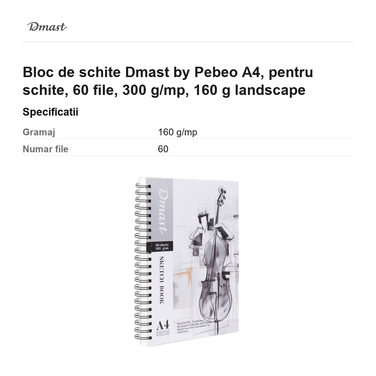 Bloc de schite Dmast by Pebeo A4, pentru schite, 60 file, 300 g/mp, 160 g landscape [3]
