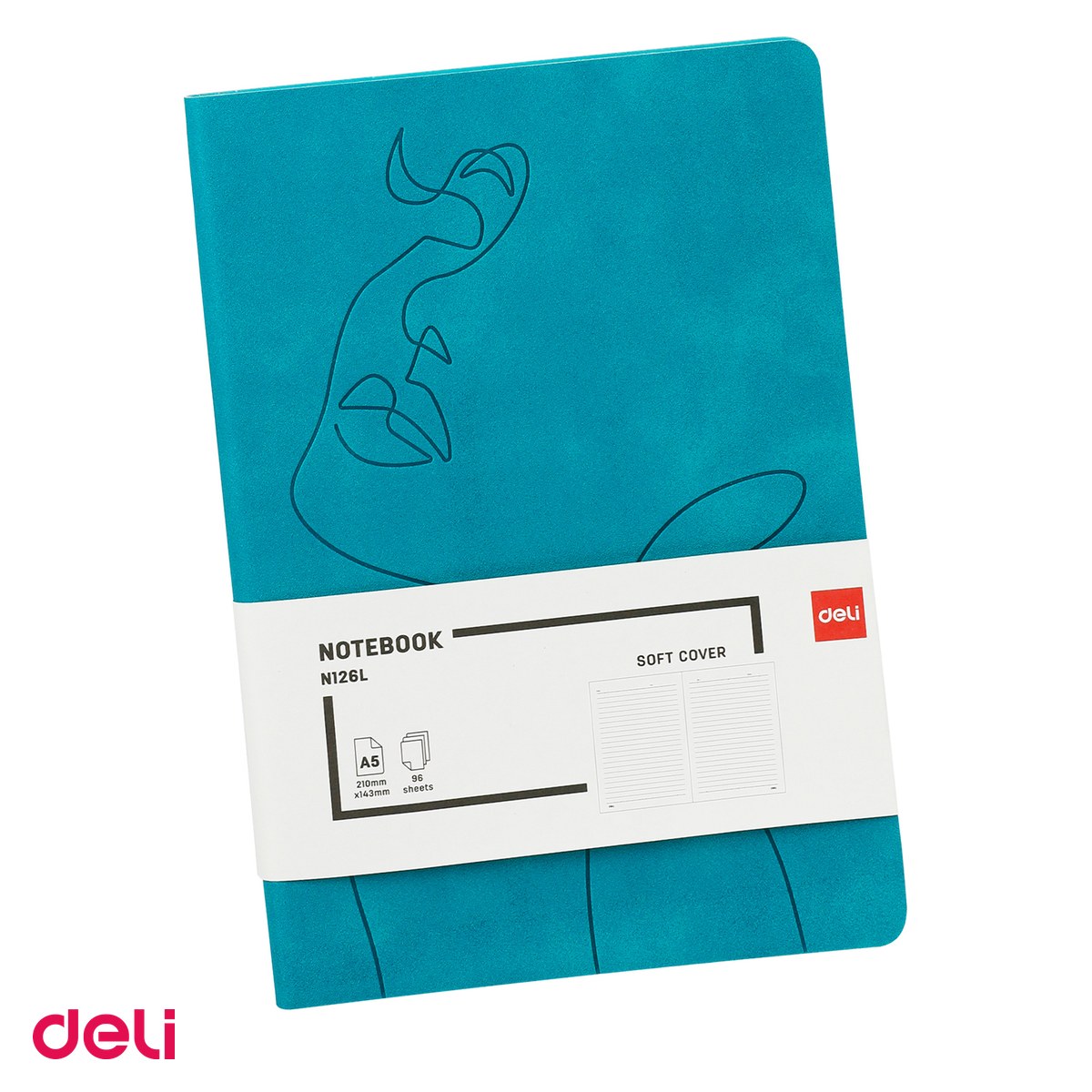 Liniatura Dictando (Linii) A5 - Caiet Deli N126L A5, 96 file, dictando, birou 80 g, coperta imitatie de piele, turcoaz