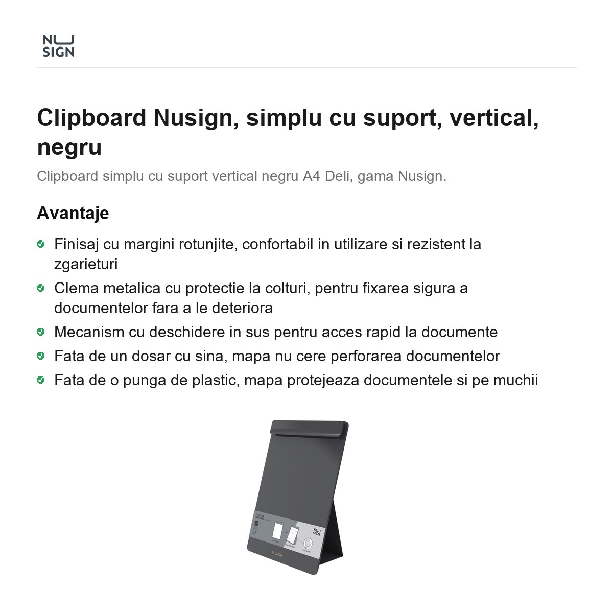 Clipboard Nusign, simplu cu suport, vertical, negru [2]