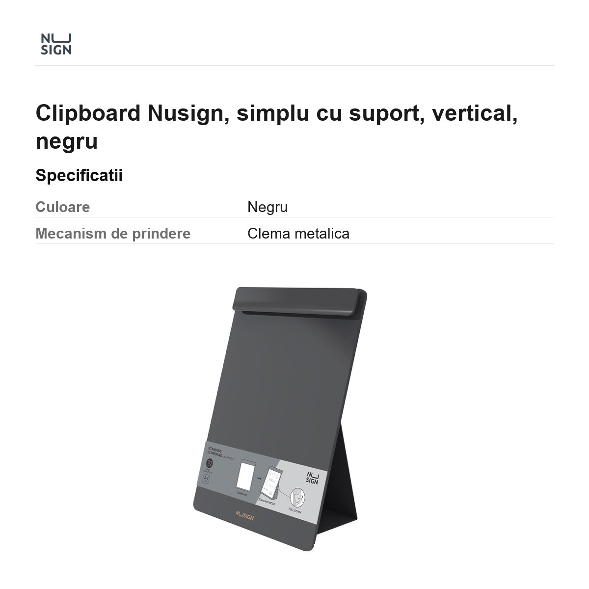 Clipboard Nusign, simplu cu suport, vertical, negru [3]