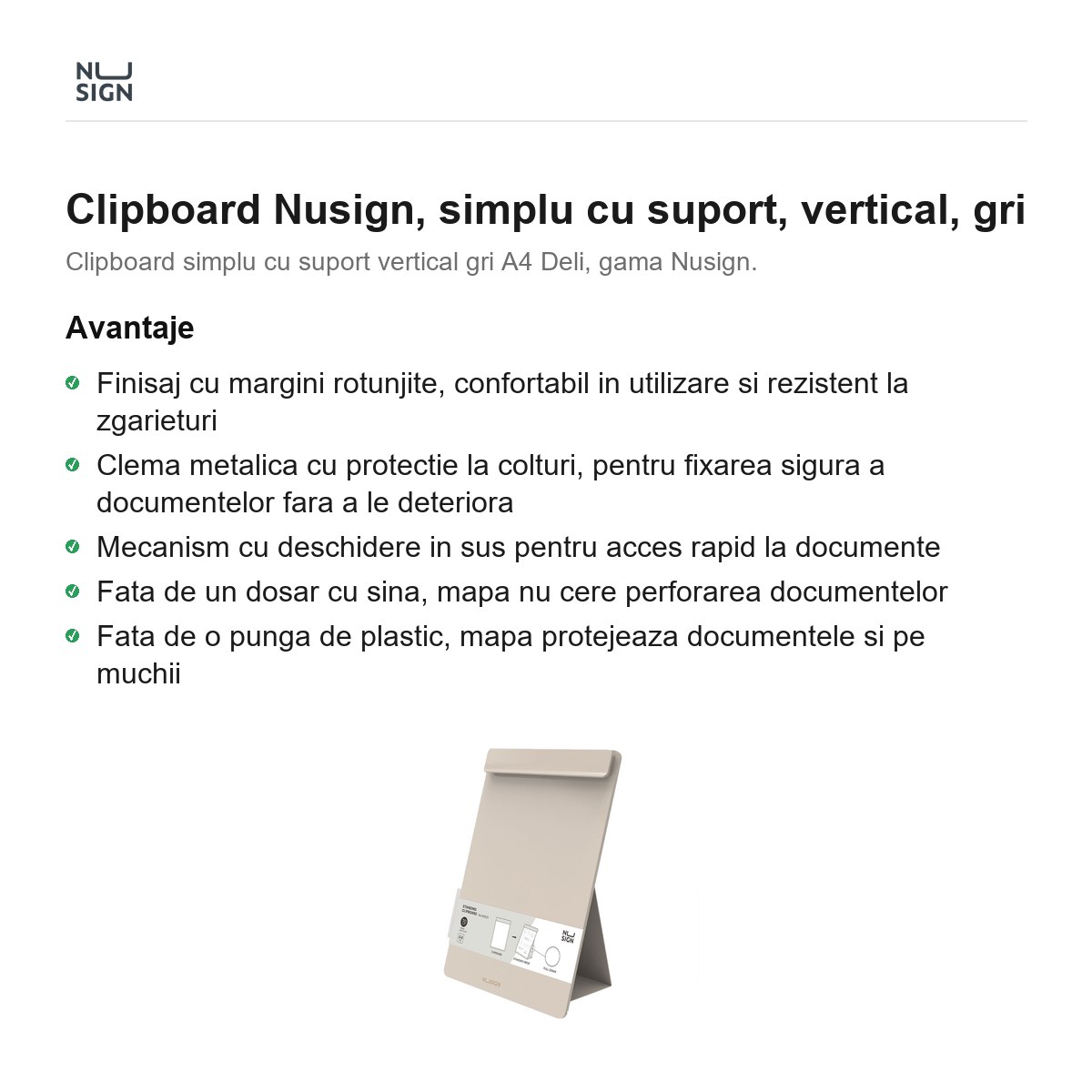 Clipboard Nusign, simplu cu suport, vertical, gri [2]