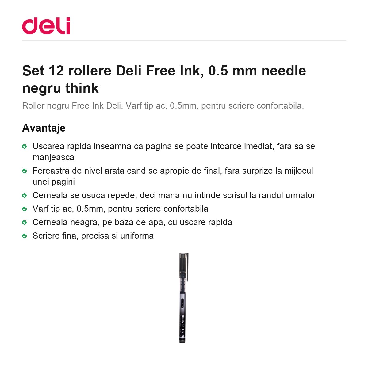 Set 12 rollere Deli Free Ink, 0.5 mm needle negru think [2]