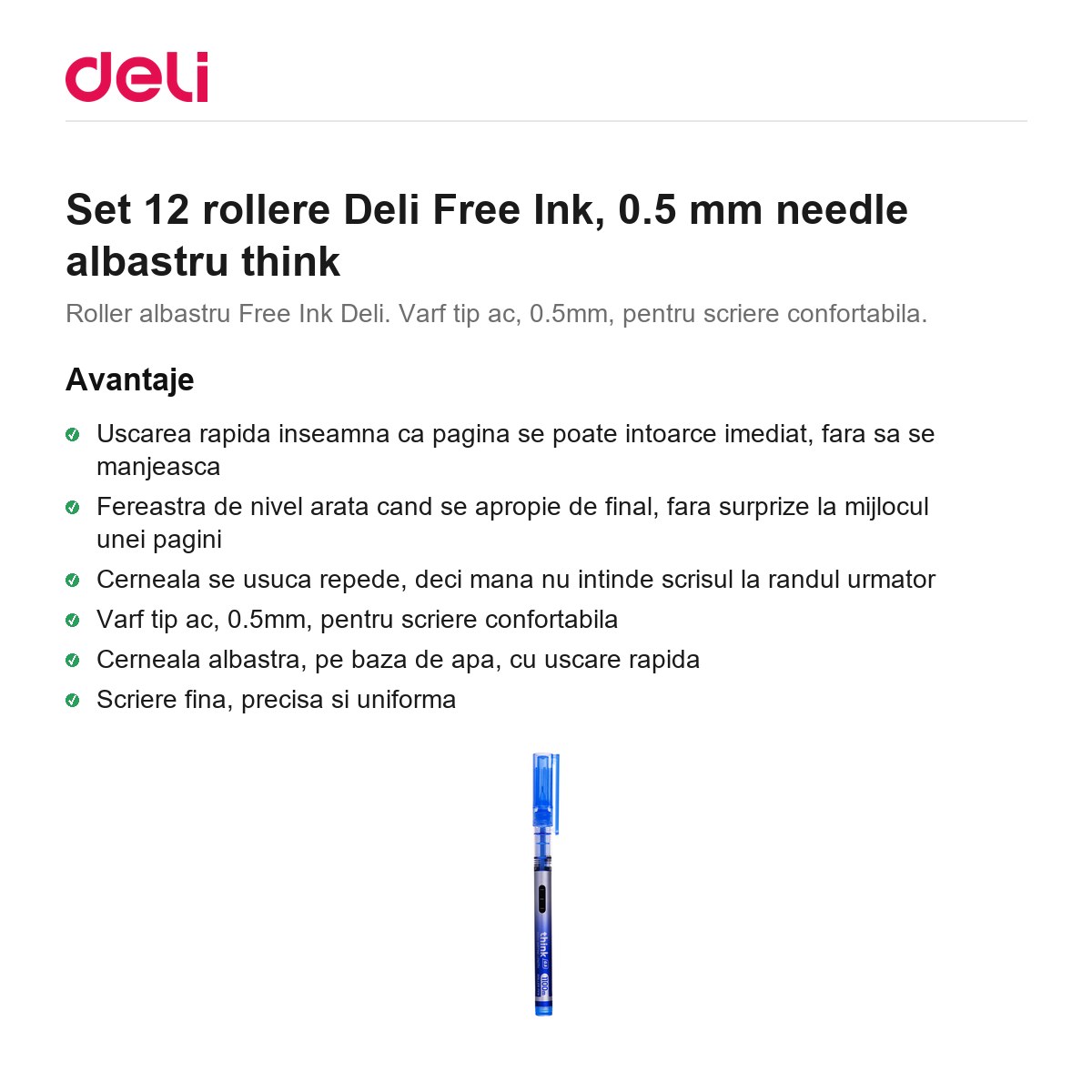 Set 12 rollere Deli Free Ink, 0.5 mm needle albastru think [2]