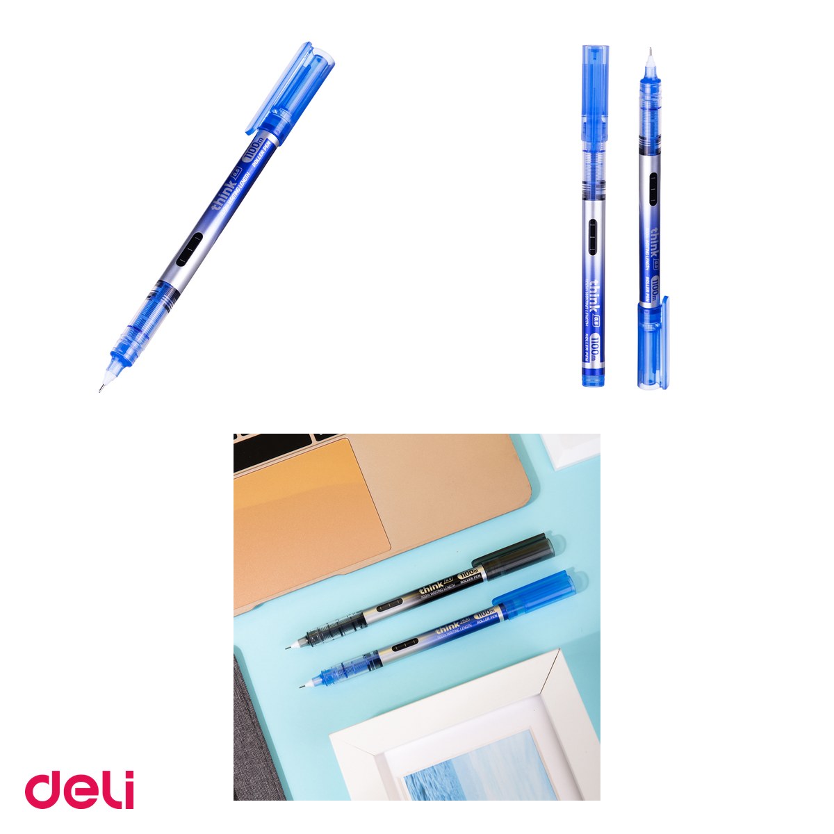 Set 12 rollere Deli Free Ink, 0.5 mm needle albastru think [4]