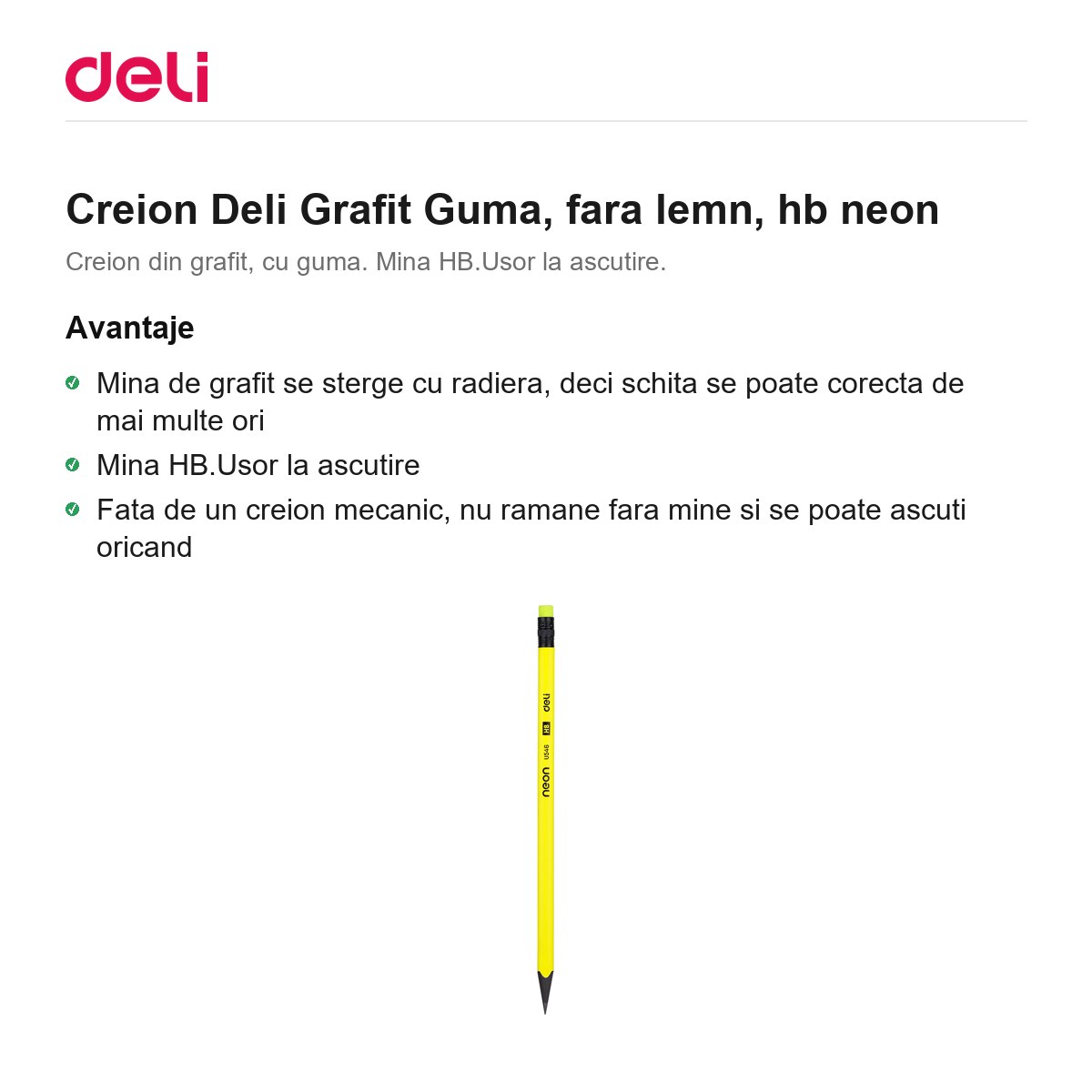 Creion Deli Grafit Guma, fara lemn, hb neon [2]