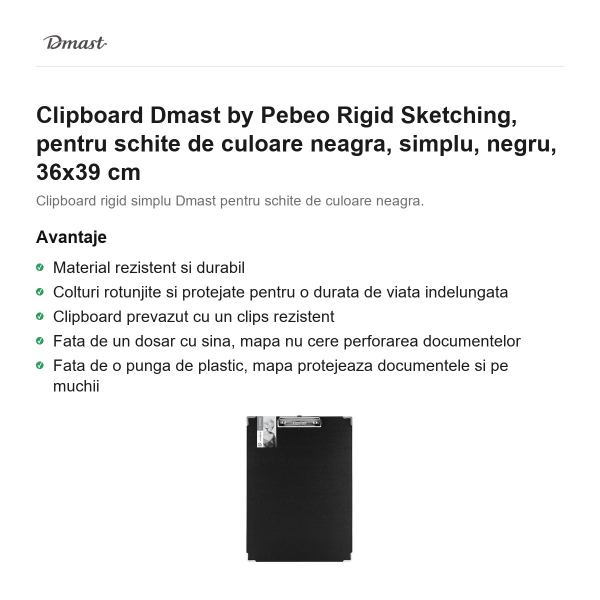 Clipboard Dmast by Pebeo Rigid Sketching, pentru schite de culoare neagra, simplu, negru, 36x39 cm [2]