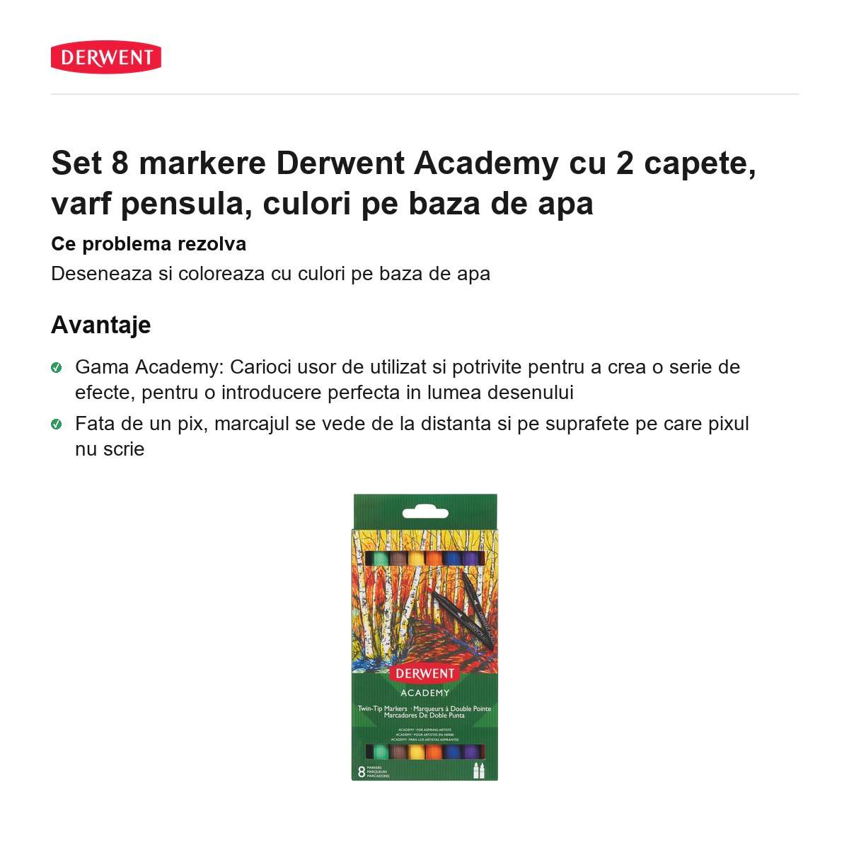 Set 8 markere Derwent Academy cu 2 capete, varf pensula, culori pe baza de apa [2]