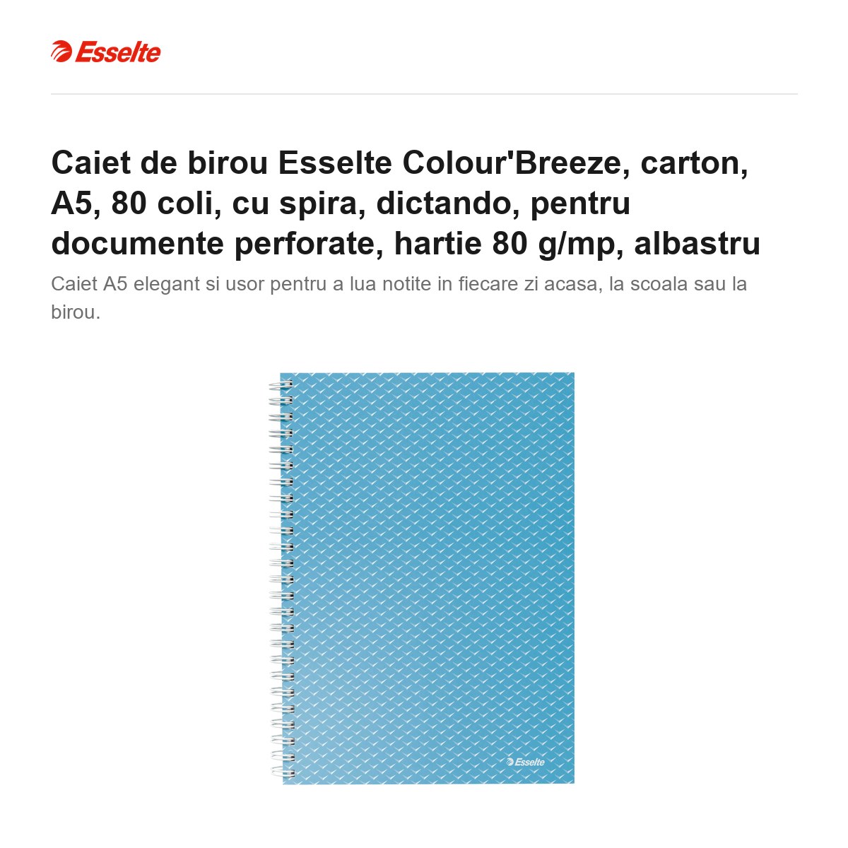 Caiet de birou Esselte Colour'Breeze, carton, A5, 80 coli, cu spira, dictando, pentru documente perforate, hartie 80 g/mp, albastru [2]