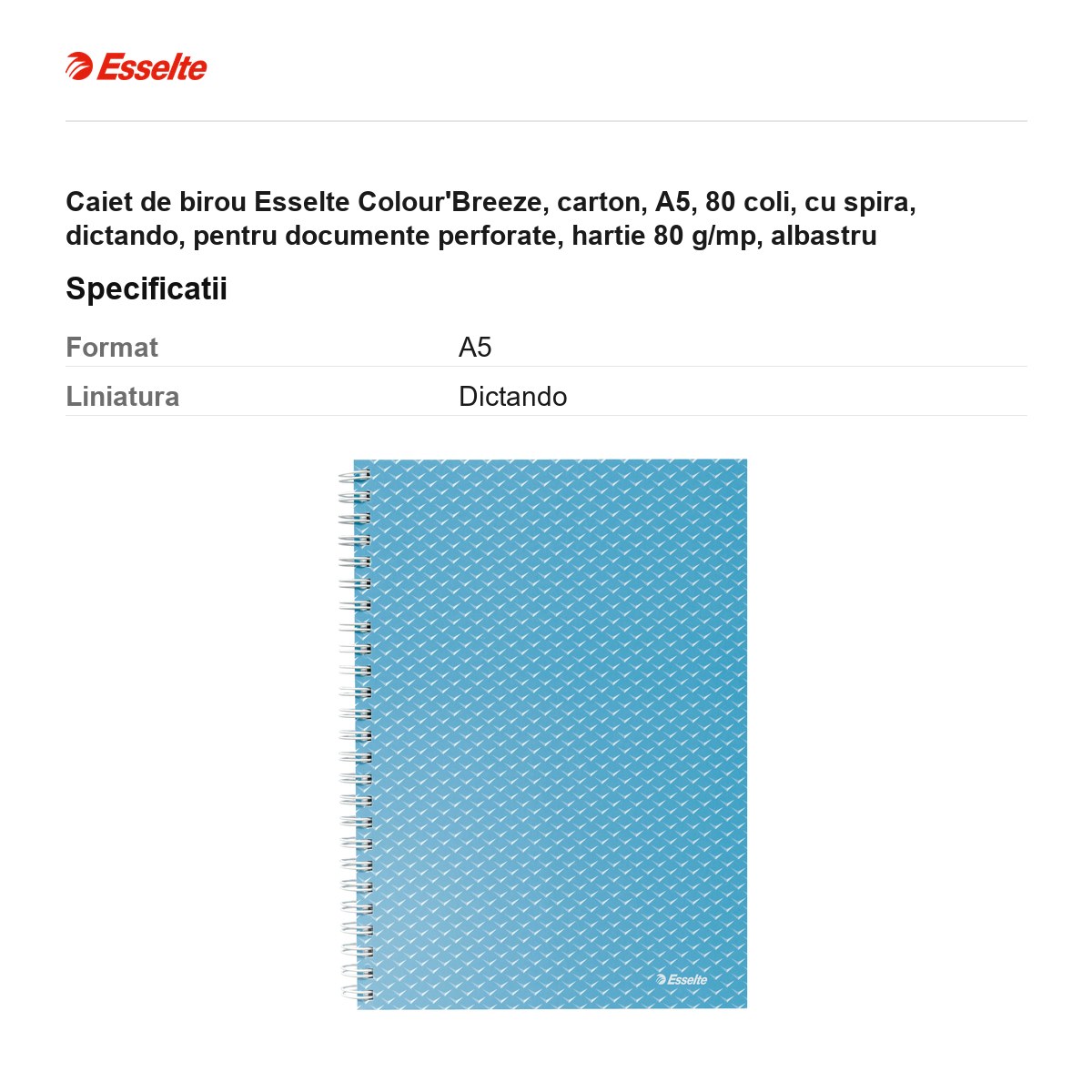 Caiet de birou Esselte Colour'Breeze, carton, A5, 80 coli, cu spira, dictando, pentru documente perforate, hartie 80 g/mp, albastru [3]