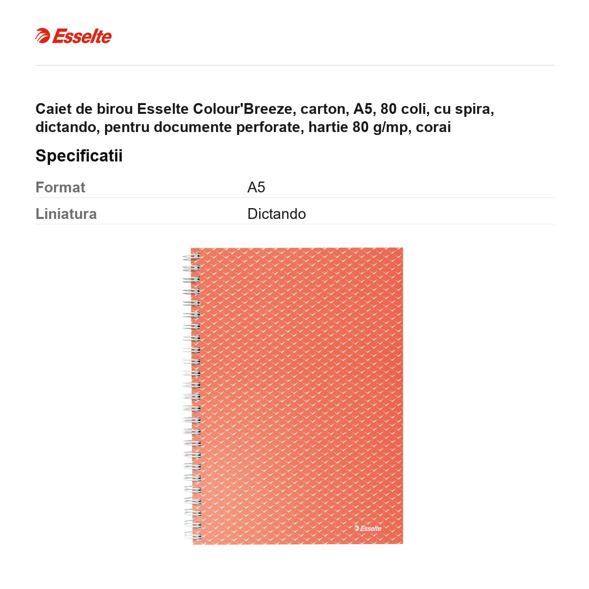 Caiet de birou Esselte Colour'Breeze, carton, A5, 80 coli, cu spira, dictando, pentru documente perforate, hartie 80 g/mp, corai [3]