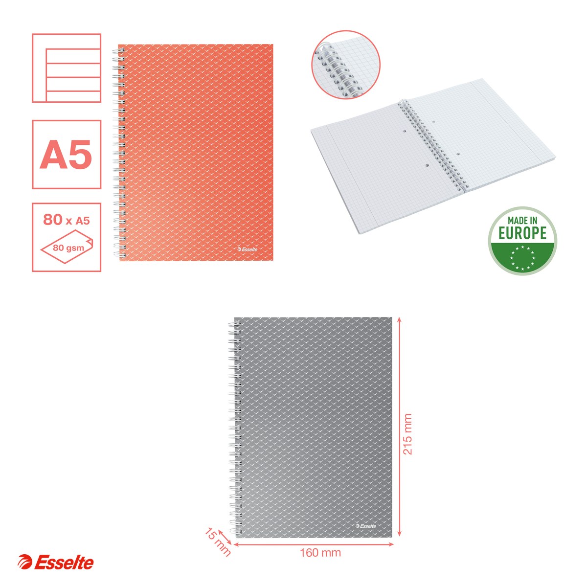 Caiet de birou Esselte Colour'Breeze, carton, A5, 80 coli, cu spira, dictando, pentru documente perforate, hartie 80 g/mp, corai [4]