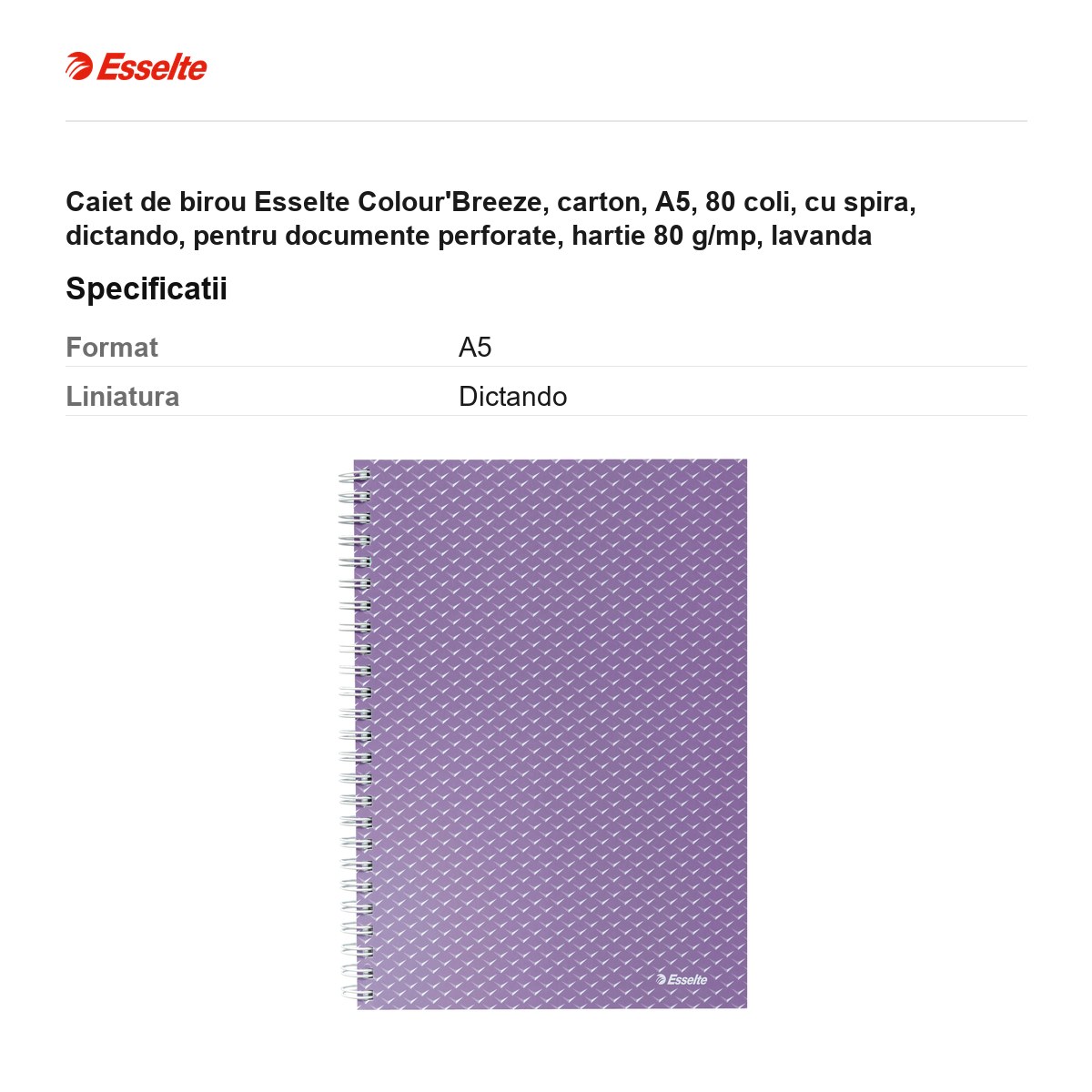 Caiet de birou Esselte Colour'Breeze, carton, A5, 80 coli, cu spira, dictando, pentru documente perforate, hartie 80 g/mp, lavanda [3]