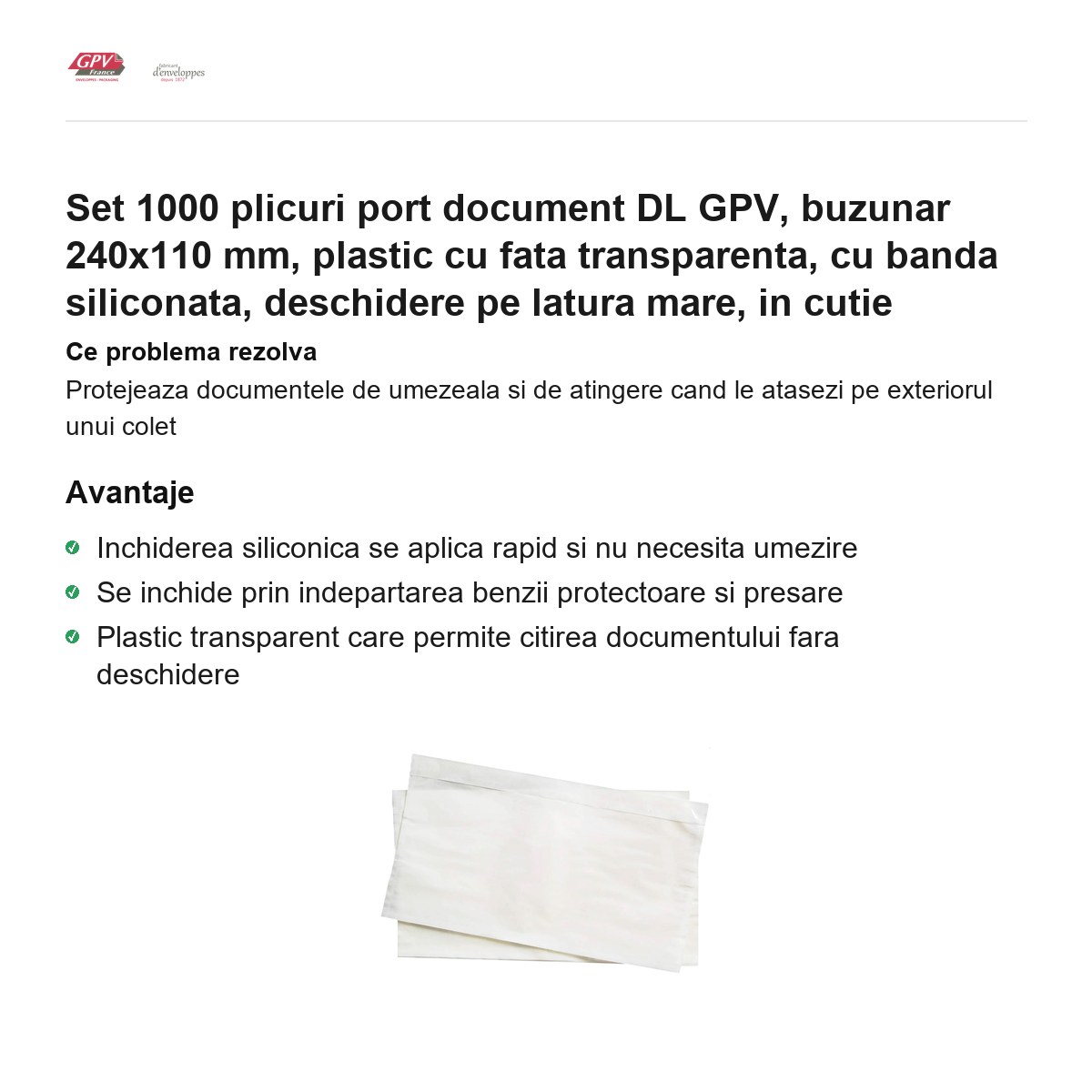 Set 1000 plicuri port document DL GPV, buzunar 240x110 mm, plastic cu fata transparenta, cu banda siliconata, deschidere pe latura mare, in cutie [2]