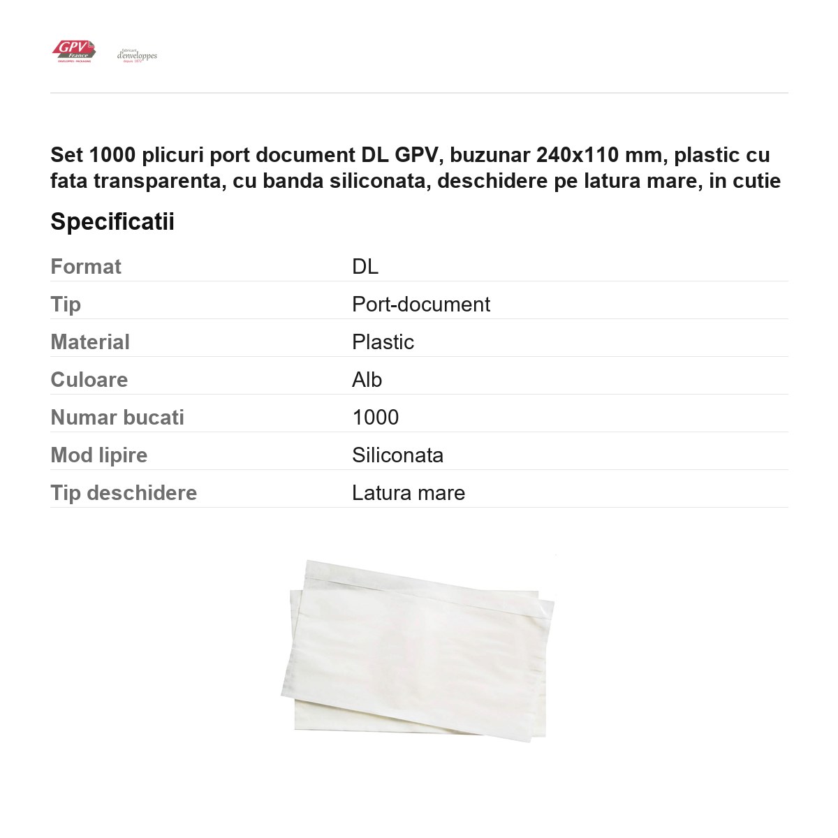 Set 1000 plicuri port document DL GPV, buzunar 240x110 mm, plastic cu fata transparenta, cu banda siliconata, deschidere pe latura mare, in cutie [3]