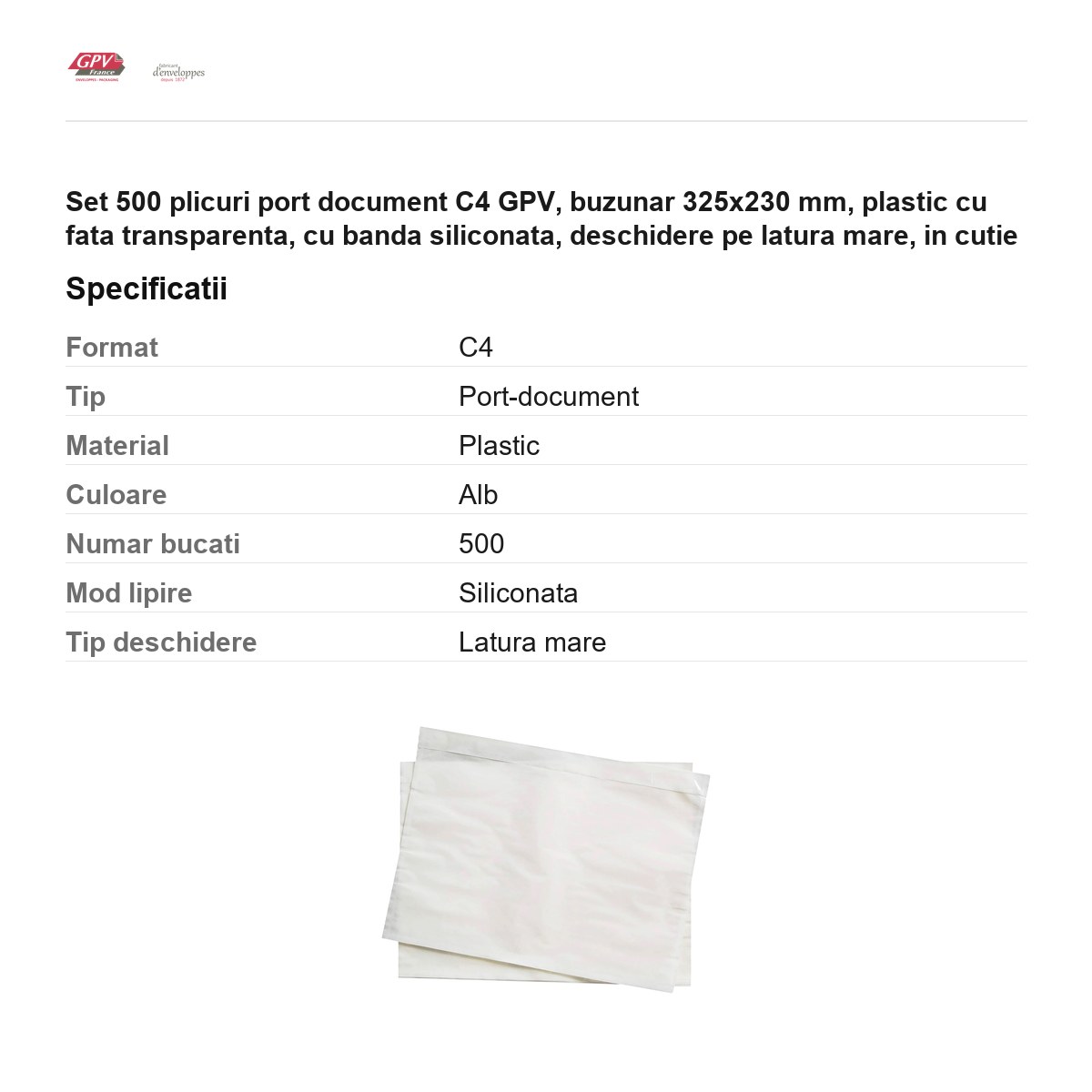 Set 500 plicuri port document C4 GPV, buzunar 325x230 mm, plastic cu fata transparenta, cu banda siliconata, deschidere pe latura mare, in cutie [3]