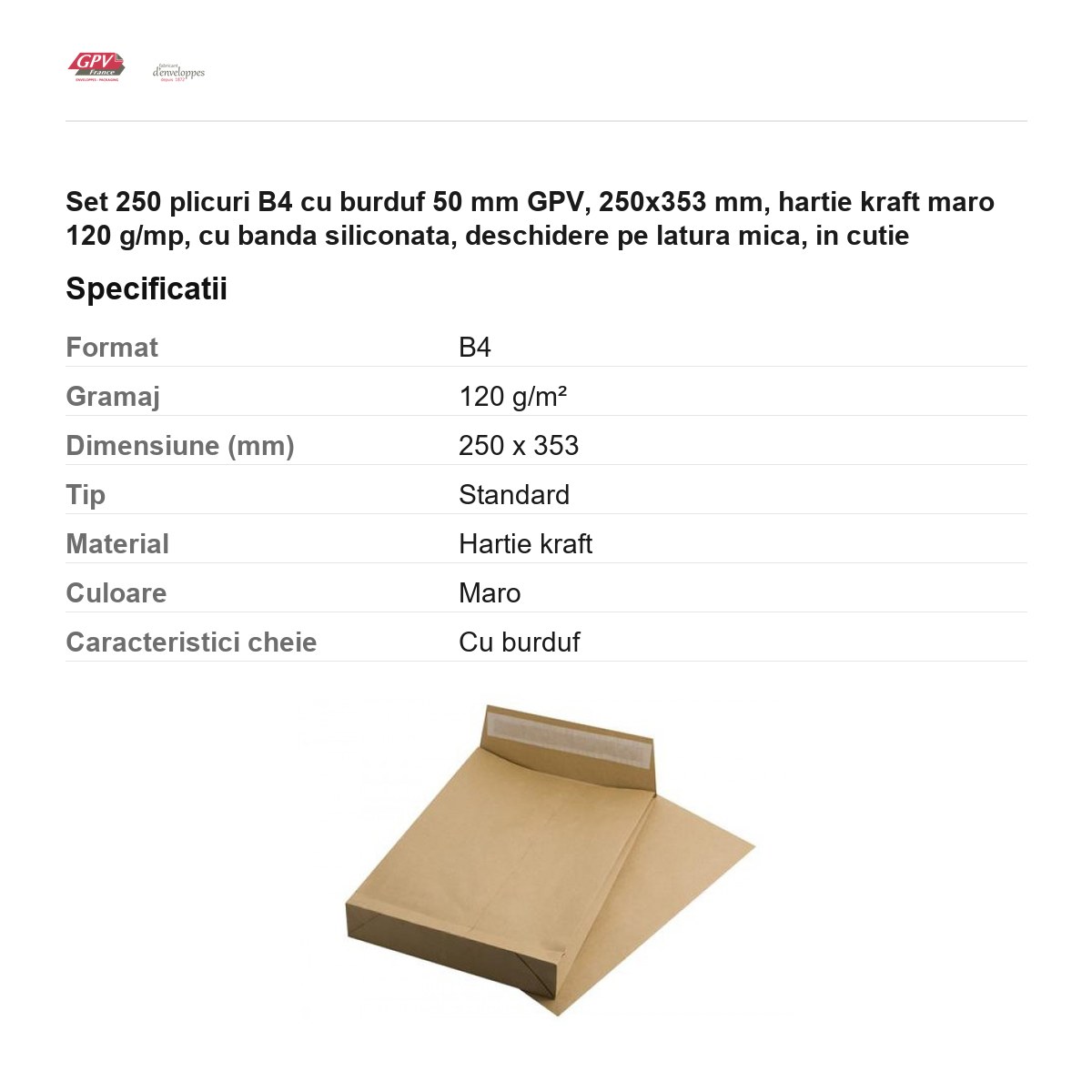Set 250 plicuri B4 cu burduf 50 mm GPV, 250x353 mm, hartie kraft maro 120 g/mp, cu banda siliconata, deschidere pe latura mica, in cutie [3]