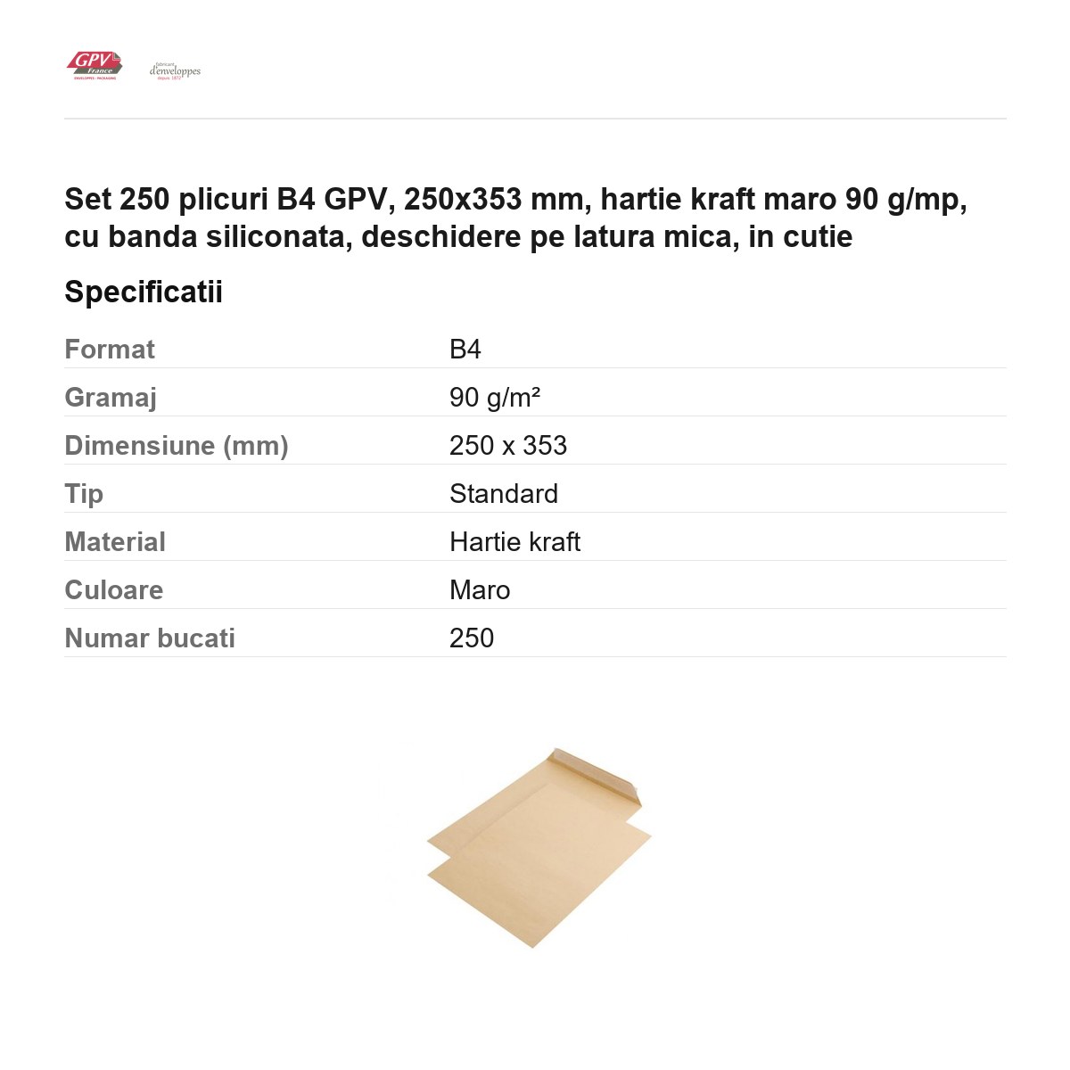 Set 250 plicuri B4 GPV, 250x353 mm, hartie kraft maro 90 g/mp, cu banda siliconata, deschidere pe latura mica, in cutie [3]