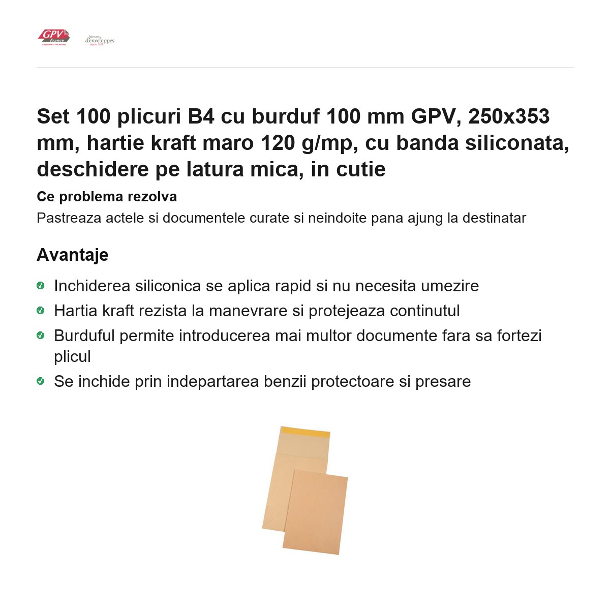 Set 100 plicuri B4 cu burduf 100 mm GPV, 250x353 mm, hartie kraft maro 120 g/mp, cu banda siliconata, deschidere pe latura mica, in cutie [2]