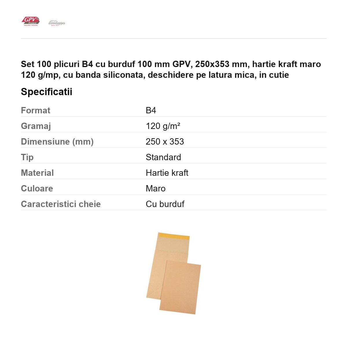 Set 100 plicuri B4 cu burduf 100 mm GPV, 250x353 mm, hartie kraft maro 120 g/mp, cu banda siliconata, deschidere pe latura mica, in cutie [3]