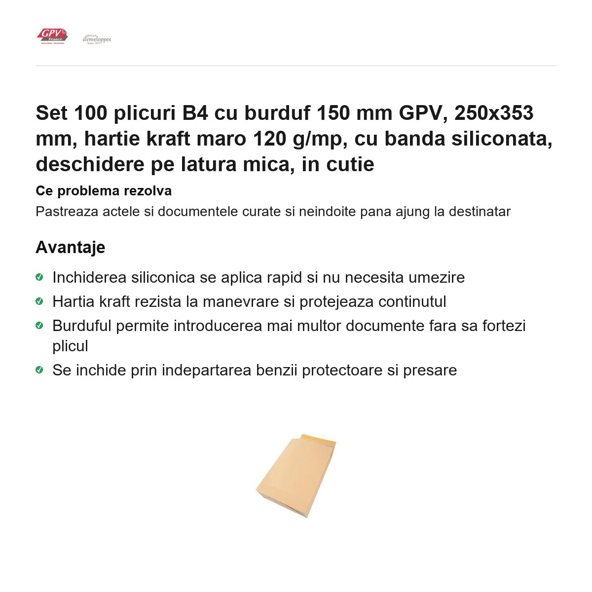 Set 100 plicuri B4 cu burduf 150 mm GPV, 250x353 mm, hartie kraft maro 120 g/mp, cu banda siliconata, deschidere pe latura mica, in cutie [2]