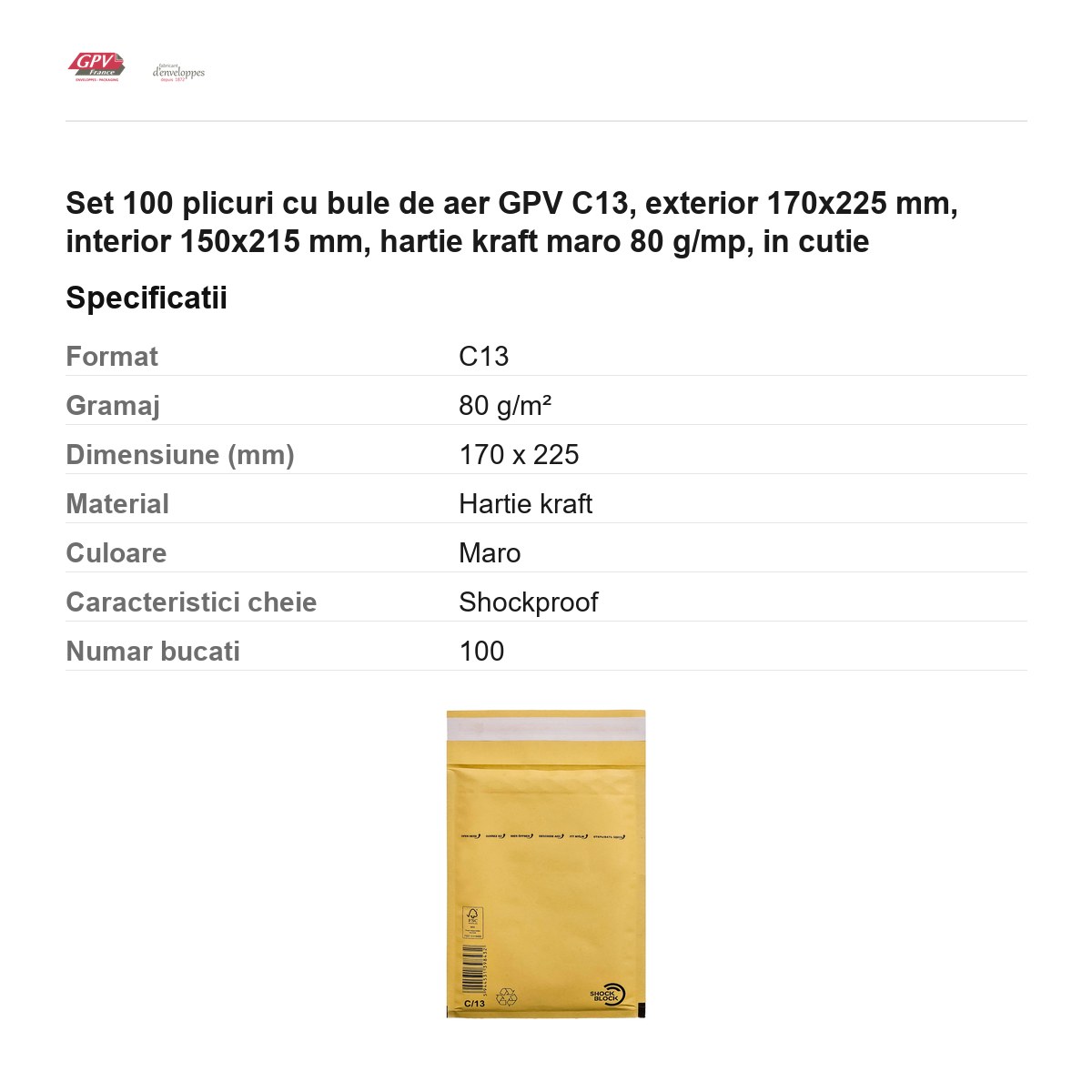 Set 100 plicuri cu bule de aer GPV C13, exterior 170x225 mm, interior 150x215 mm, hartie kraft maro 80 g/mp, in cutie [3]