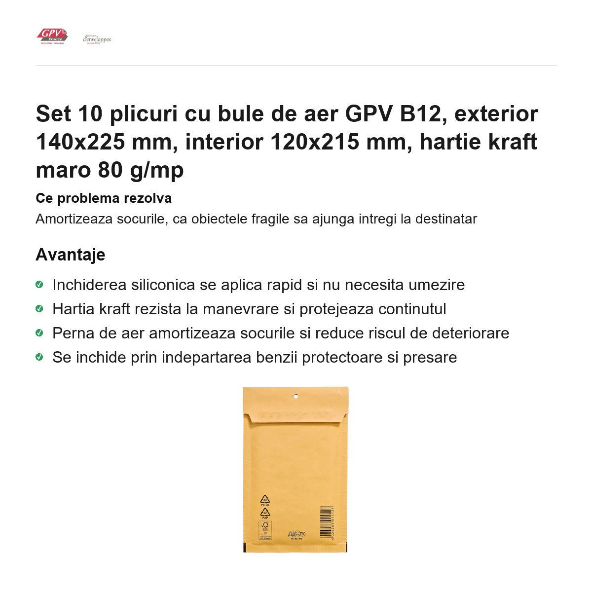 Set 10 plicuri cu bule de aer GPV B12, exterior 140x225 mm, interior 120x215 mm, hartie kraft maro 80 g/mp [2]