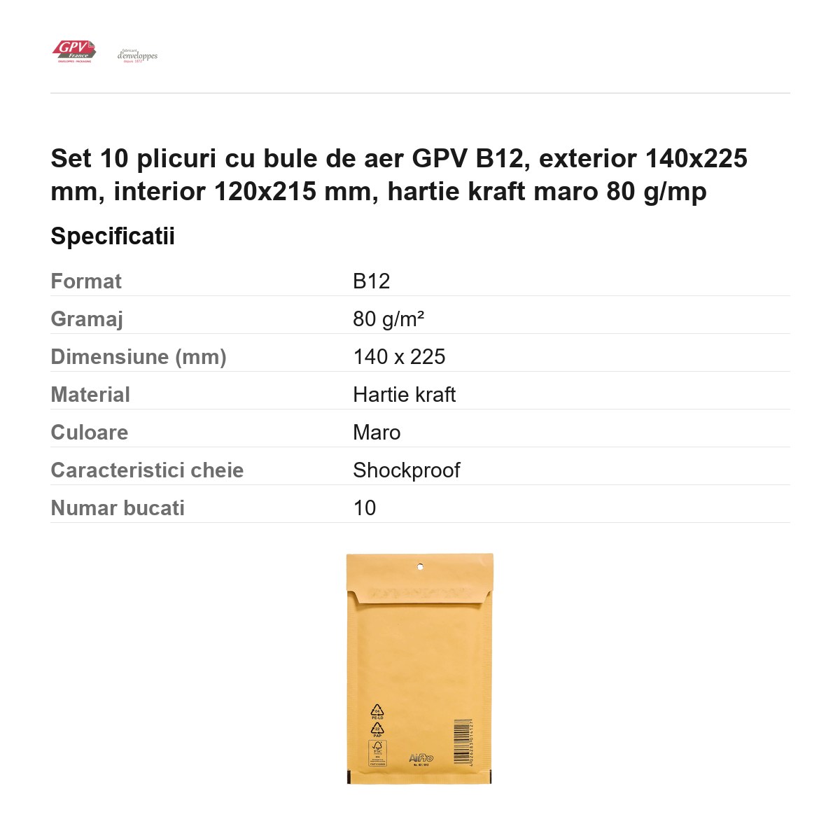 Set 10 plicuri cu bule de aer GPV B12, exterior 140x225 mm, interior 120x215 mm, hartie kraft maro 80 g/mp [3]