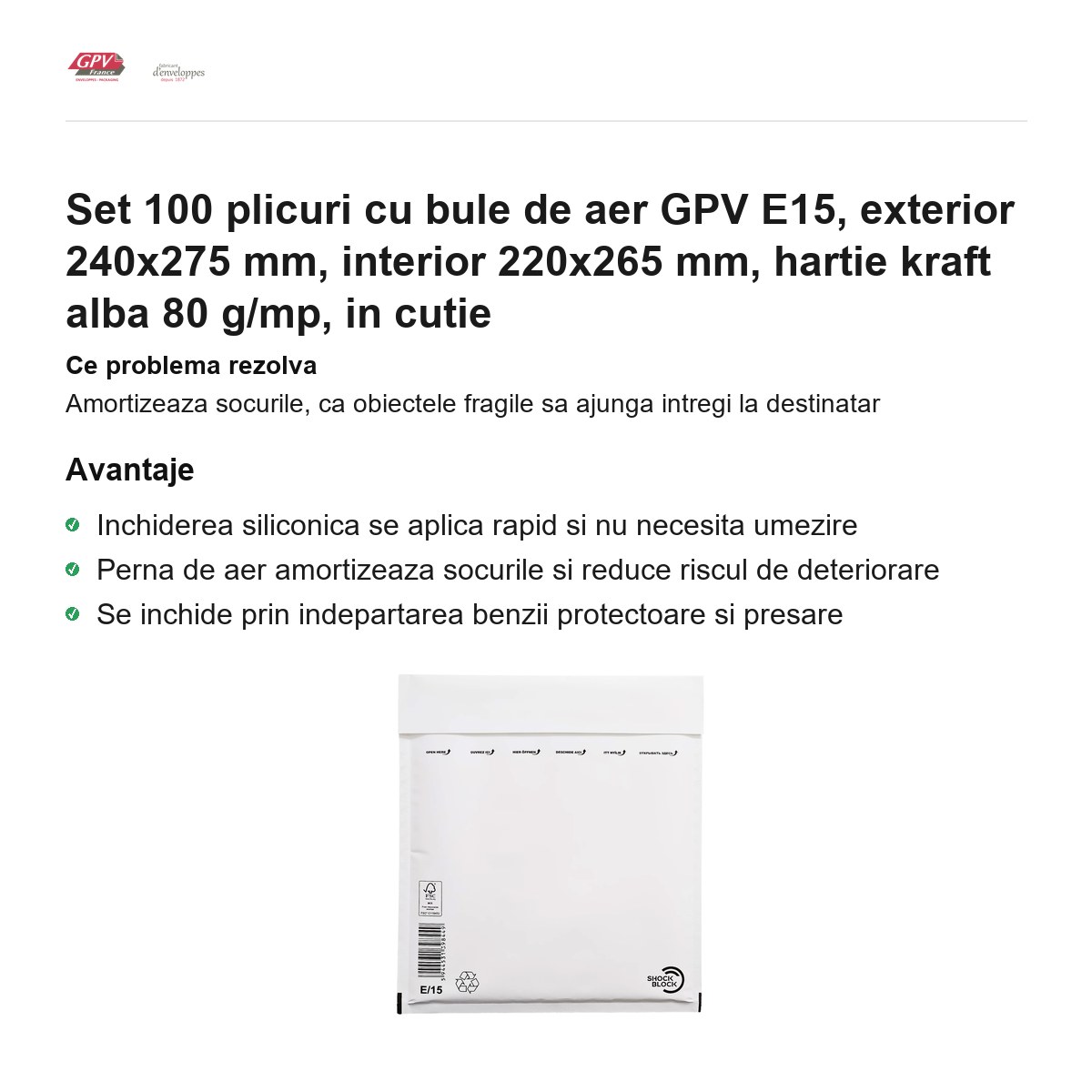 Set 100 plicuri cu bule de aer GPV E15, exterior 240x275 mm, interior 220x265 mm, hartie kraft alba 80 g/mp, in cutie [2]