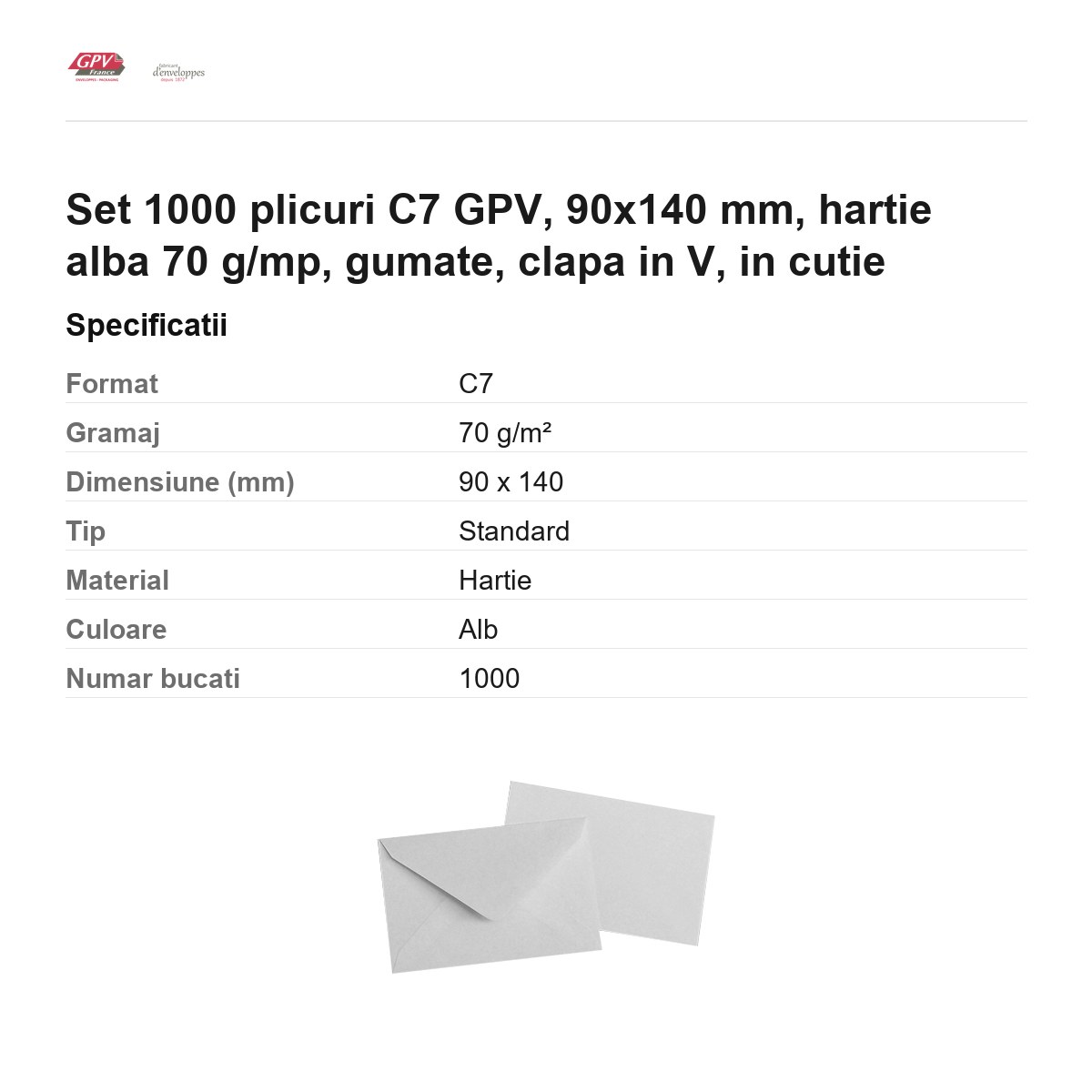 Set 1000 plicuri C7 GPV, 90x140 mm, hartie alba 70 g/mp, gumate, clapa in V, in cutie [3]