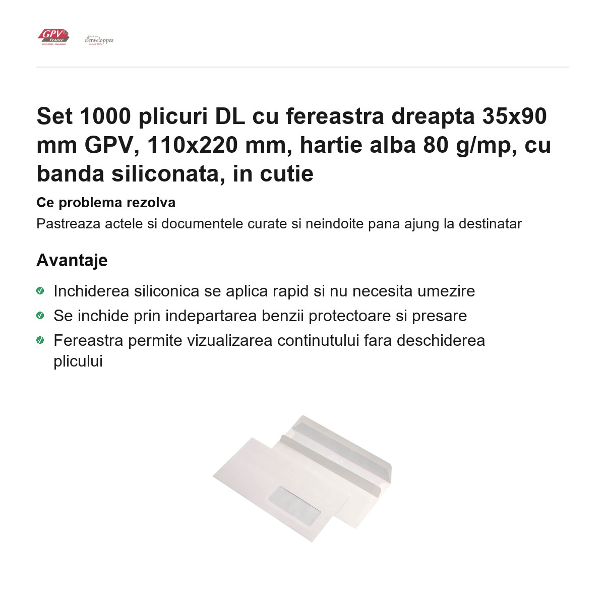 Set 1000 plicuri DL cu fereastra dreapta 35x90 mm GPV, 110x220 mm, hartie alba 80 g/mp, cu banda siliconata, in cutie [2]