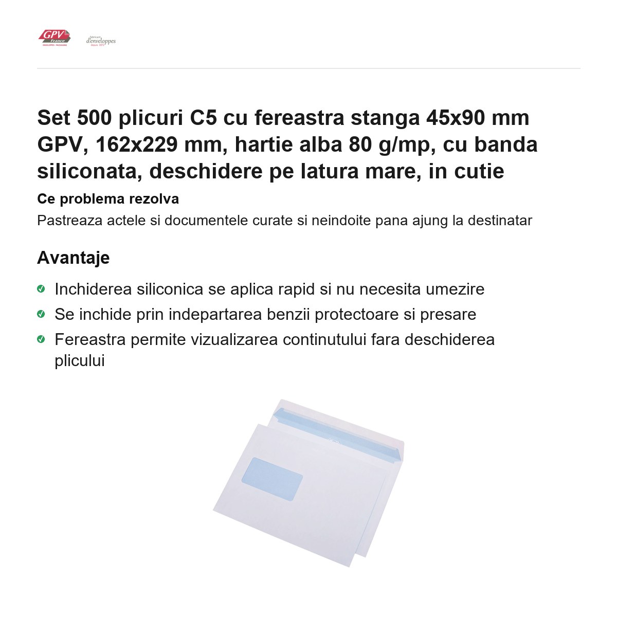 Set 500 plicuri C5 cu fereastra stanga 45x90 mm GPV, 162x229 mm, hartie alba 80 g/mp, cu banda siliconata, deschidere pe latura mare, in cutie [2]