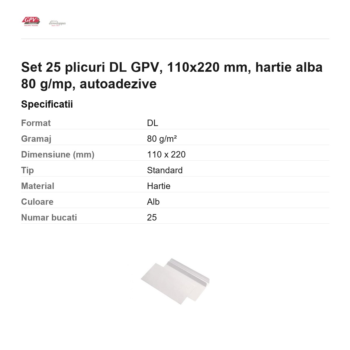 Set 25 plicuri DL GPV, 110x220 mm, hartie alba 80 g/mp, autoadezive [3]
