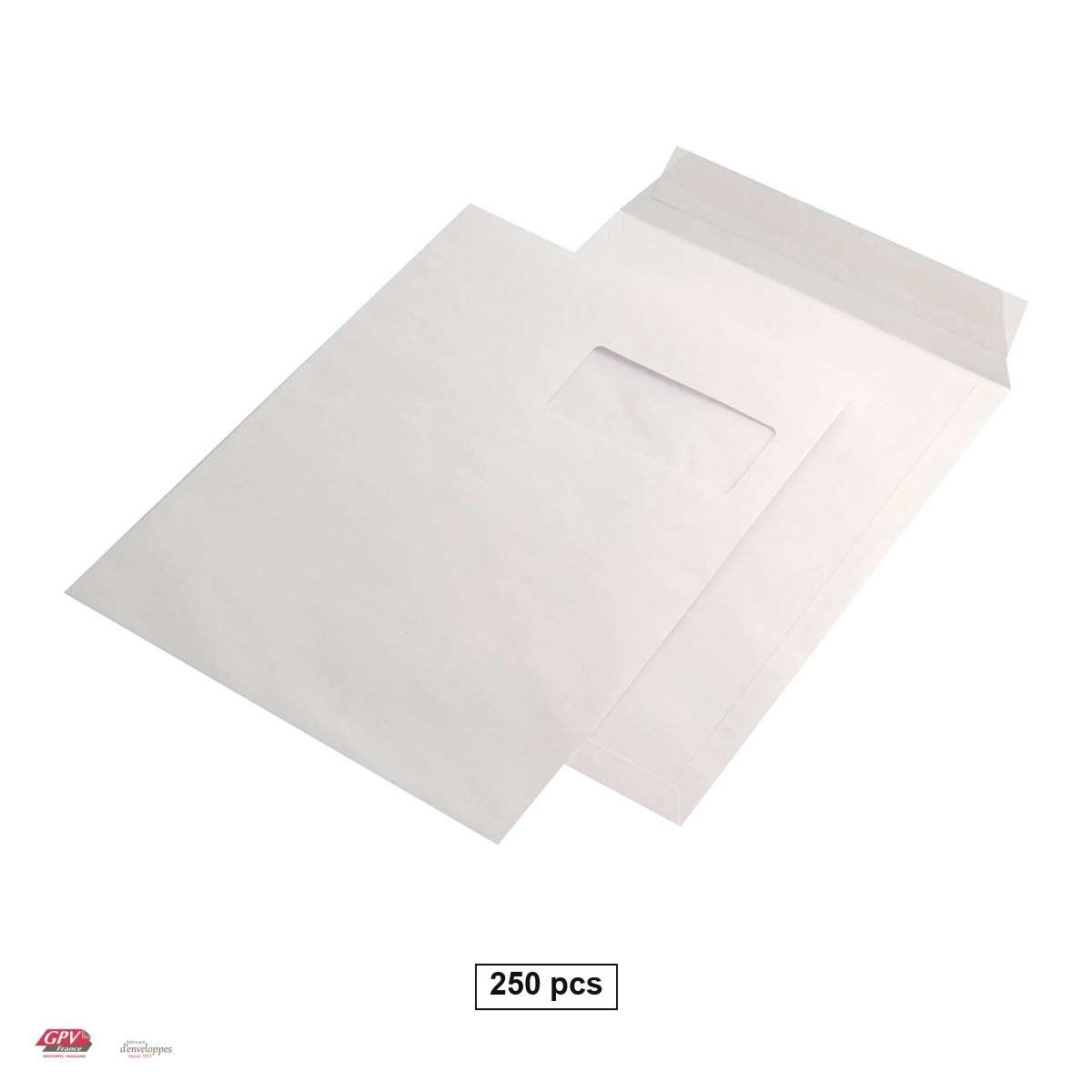 Plicuri siliconice - Set 250 plicuri C4 cu fereastra dreapta 50x100 mm GPV, 229x324 mm, hartie alba 100 g/mp, cu banda siliconata, deschidere pe latura mica, in cutie