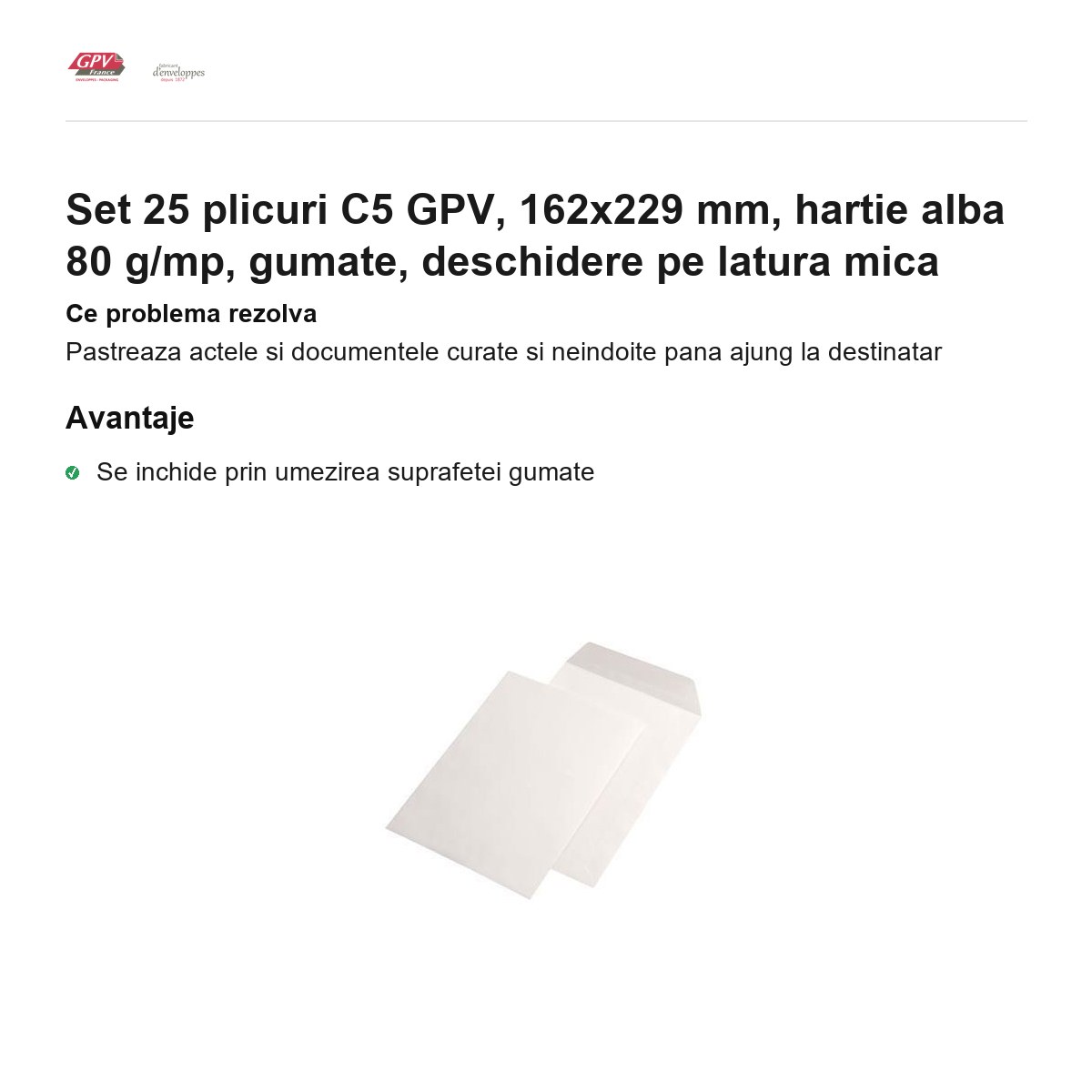 Set 25 plicuri C5 GPV, 162x229 mm, hartie alba 80 g/mp, gumate, deschidere pe latura mica [2]