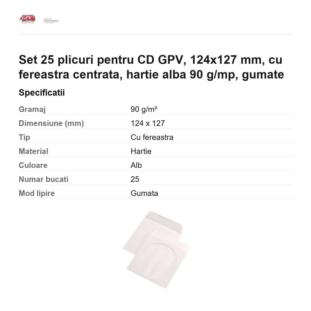Set 25 plicuri pentru CD GPV, 124x127 mm, cu fereastra centrata, hartie alba 90 g/mp, gumate [3]