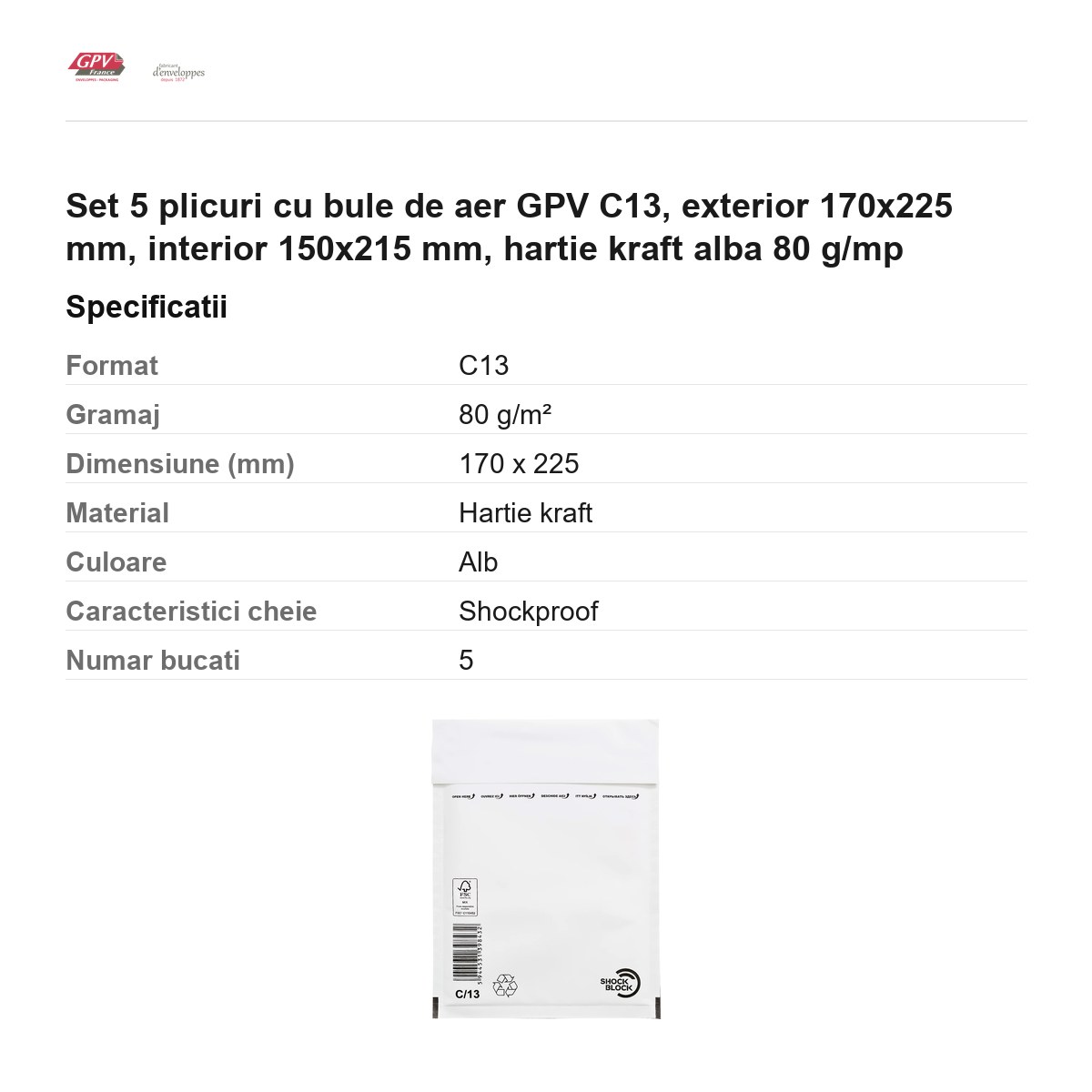 Set 5 plicuri cu bule de aer GPV C13, exterior 170x225 mm, interior 150x215 mm, hartie kraft alba 80 g/mp [3]