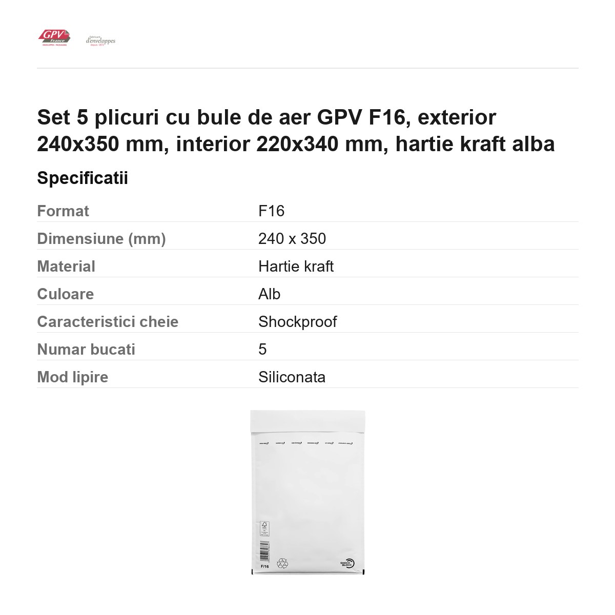 Set 5 plicuri cu bule de aer GPV F16, exterior 240x350 mm, interior 220x340 mm, hartie kraft alba [3]