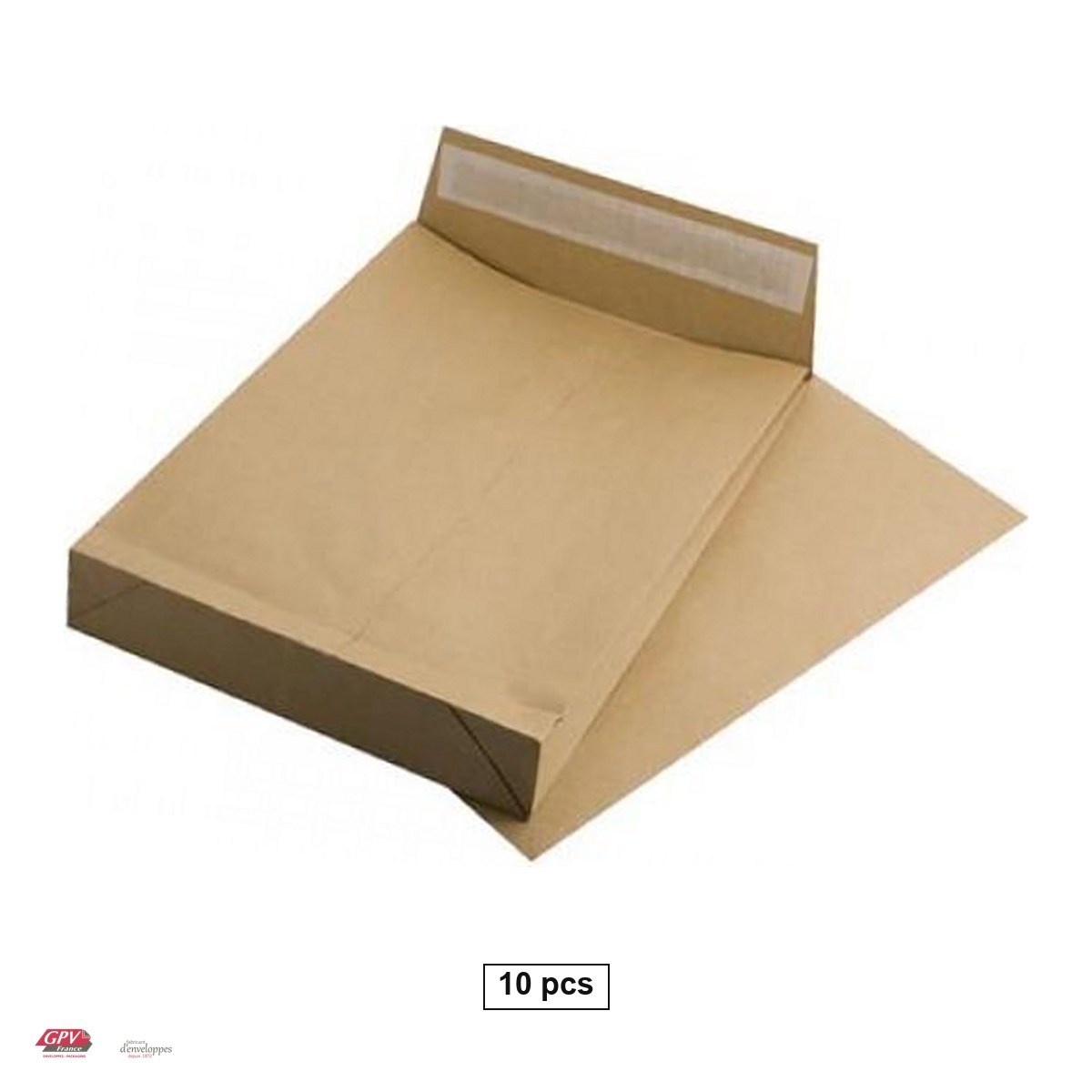 Plicuri siliconice - Set 10 plicuri B4 cu burduf 50 mm GPV, 250x353 mm, hartie kraft maro 120 g/mp, cu banda siliconata, deschidere pe latura mica