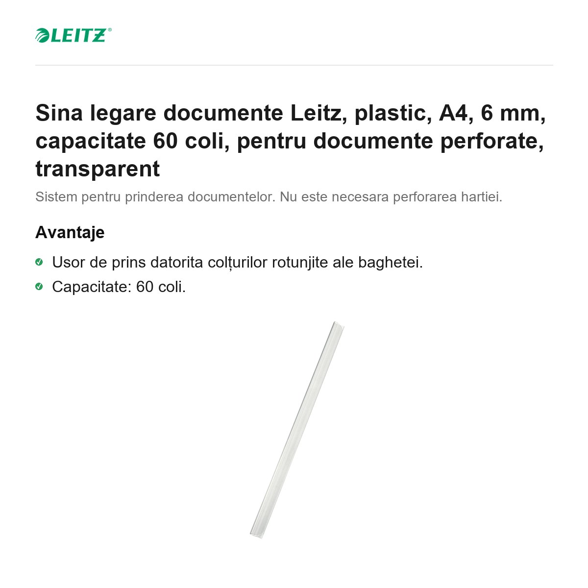 Sina legare documente Leitz, plastic, A4, 6 mm, capacitate 60 coli, pentru documente perforate, transparent [2]