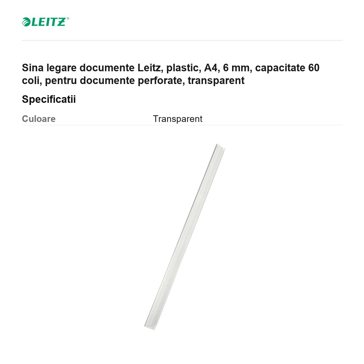 Sina legare documente Leitz, plastic, A4, 6 mm, capacitate 60 coli, pentru documente perforate, transparent [3]