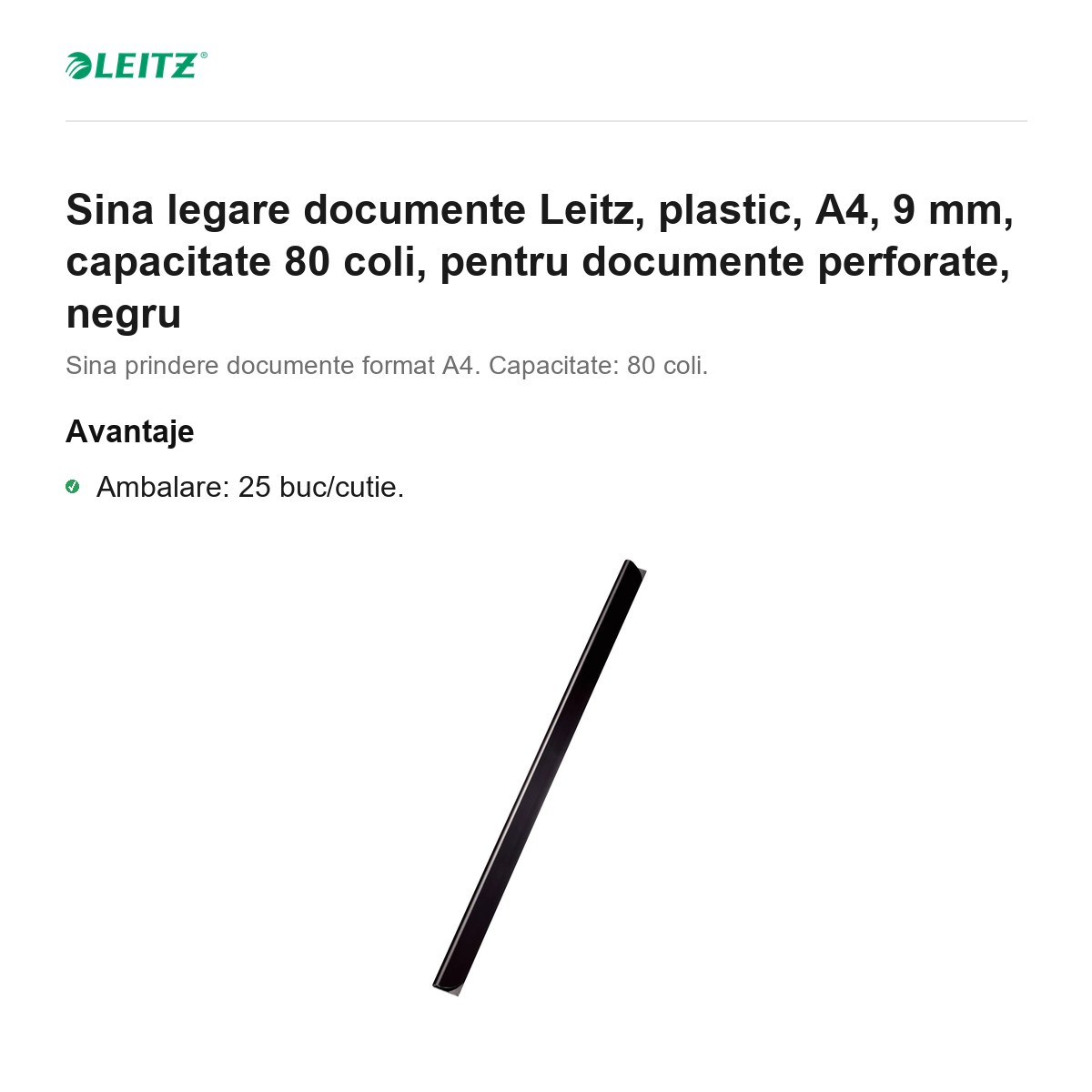 Sina legare documente Leitz, plastic, A4, 9 mm, capacitate 80 coli, pentru documente perforate, negru [2]
