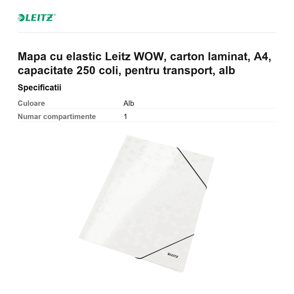 Mapa cu elastic Leitz WOW, carton laminat, A4, capacitate 250 coli, pentru transport, alb [3]