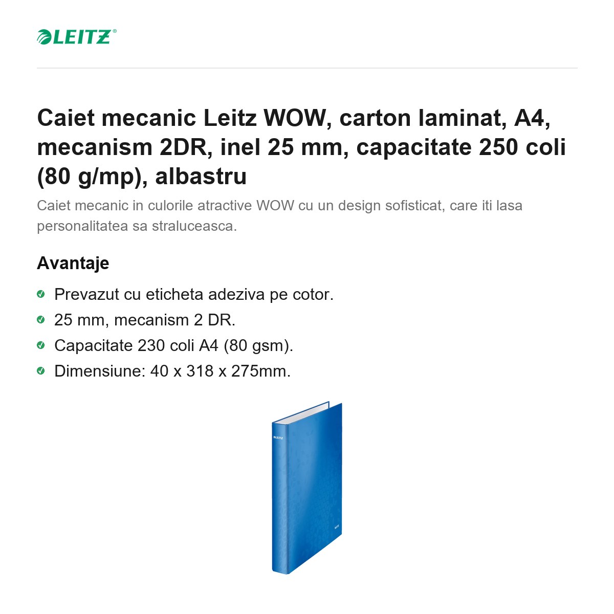 Caiet mecanic Leitz WOW, carton laminat, A4, mecanism 2DR, inel 25 mm, capacitate 250 coli (80 g/mp), albastru [2]