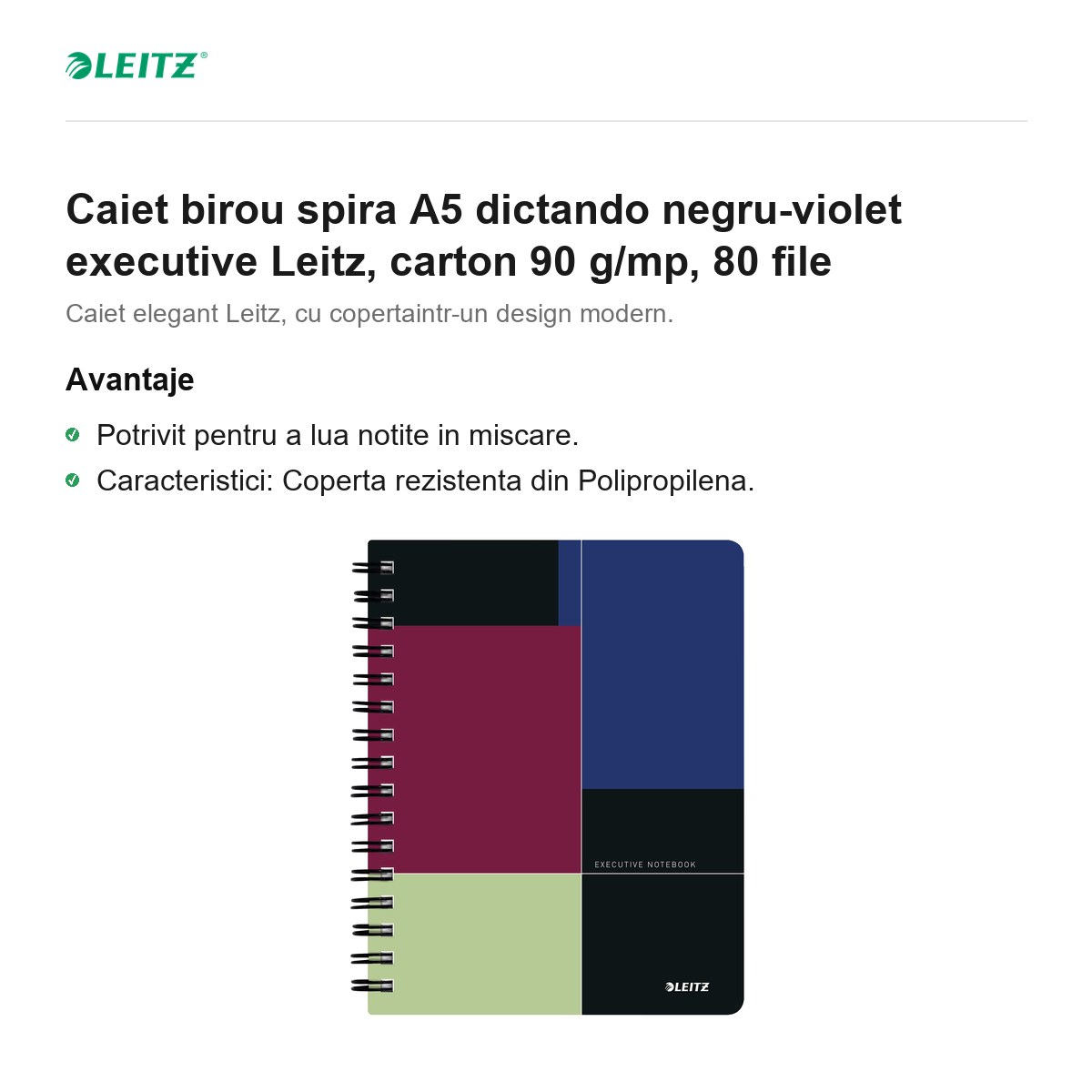 Caiet birou spira A5 dictando negru-violet executive Leitz, carton 90 g/mp, 80 file [2]