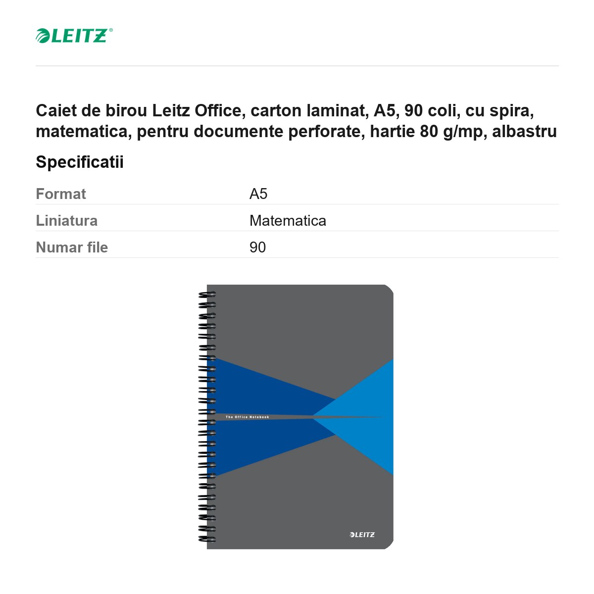 Caiet de birou Leitz Office, carton laminat, A5, 90 coli, cu spira, matematica, pentru documente perforate, hartie 80 g/mp, albastru [3]