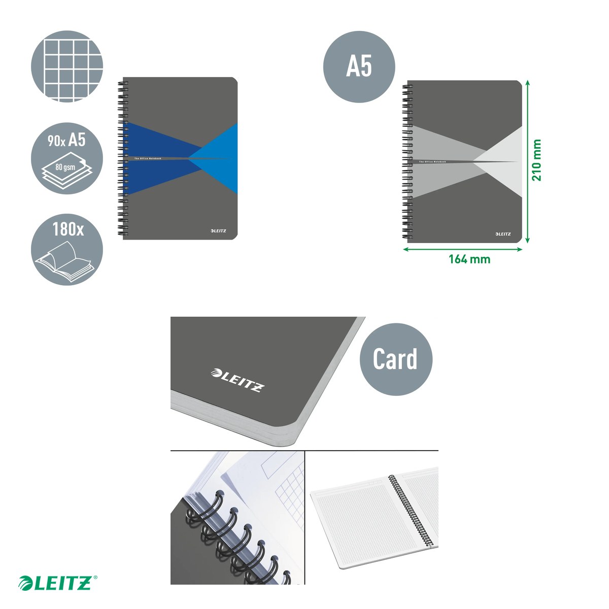 Caiet de birou Leitz Office, carton laminat, A5, 90 coli, cu spira, matematica, pentru documente perforate, hartie 80 g/mp, albastru [4]