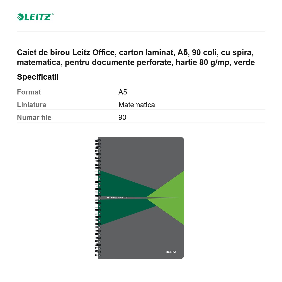 Caiet de birou Leitz Office, carton laminat, A5, 90 coli, cu spira, matematica, pentru documente perforate, hartie 80 g/mp, verde [3]
