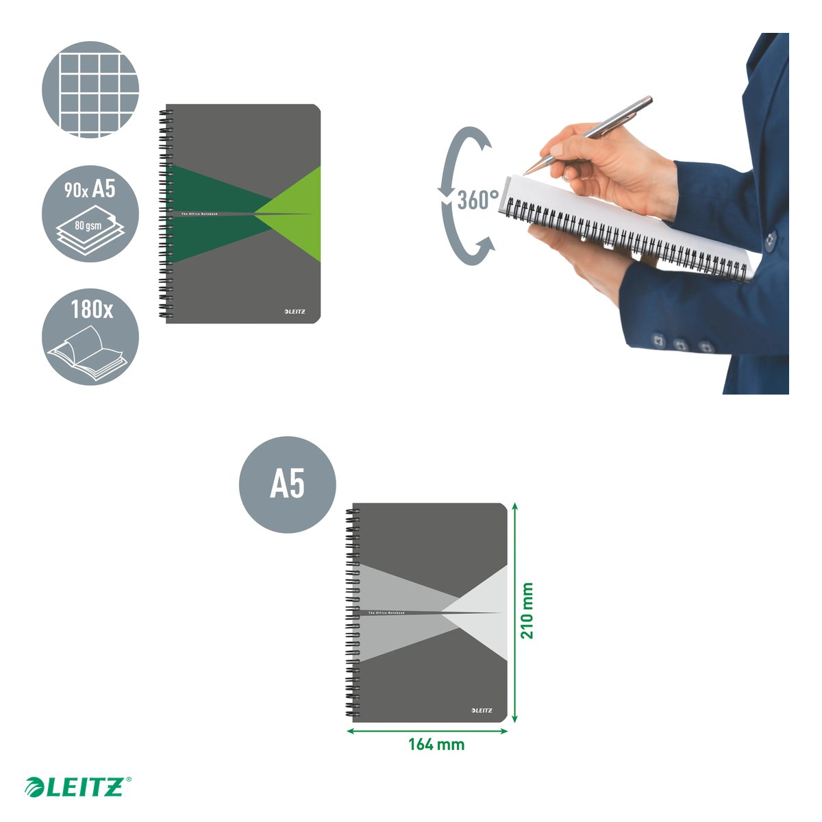 Caiet de birou Leitz Office, carton laminat, A5, 90 coli, cu spira, matematica, pentru documente perforate, hartie 80 g/mp, verde [4]