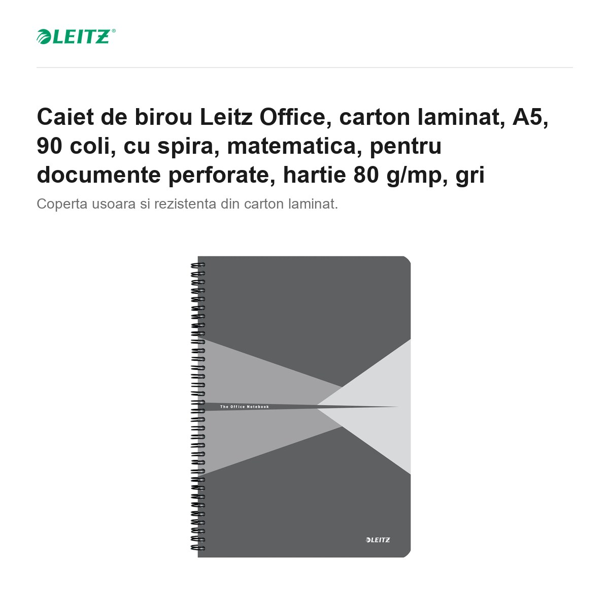 Caiet de birou Leitz Office, carton laminat, A5, 90 coli, cu spira, matematica, pentru documente perforate, hartie 80 g/mp, gri [2]