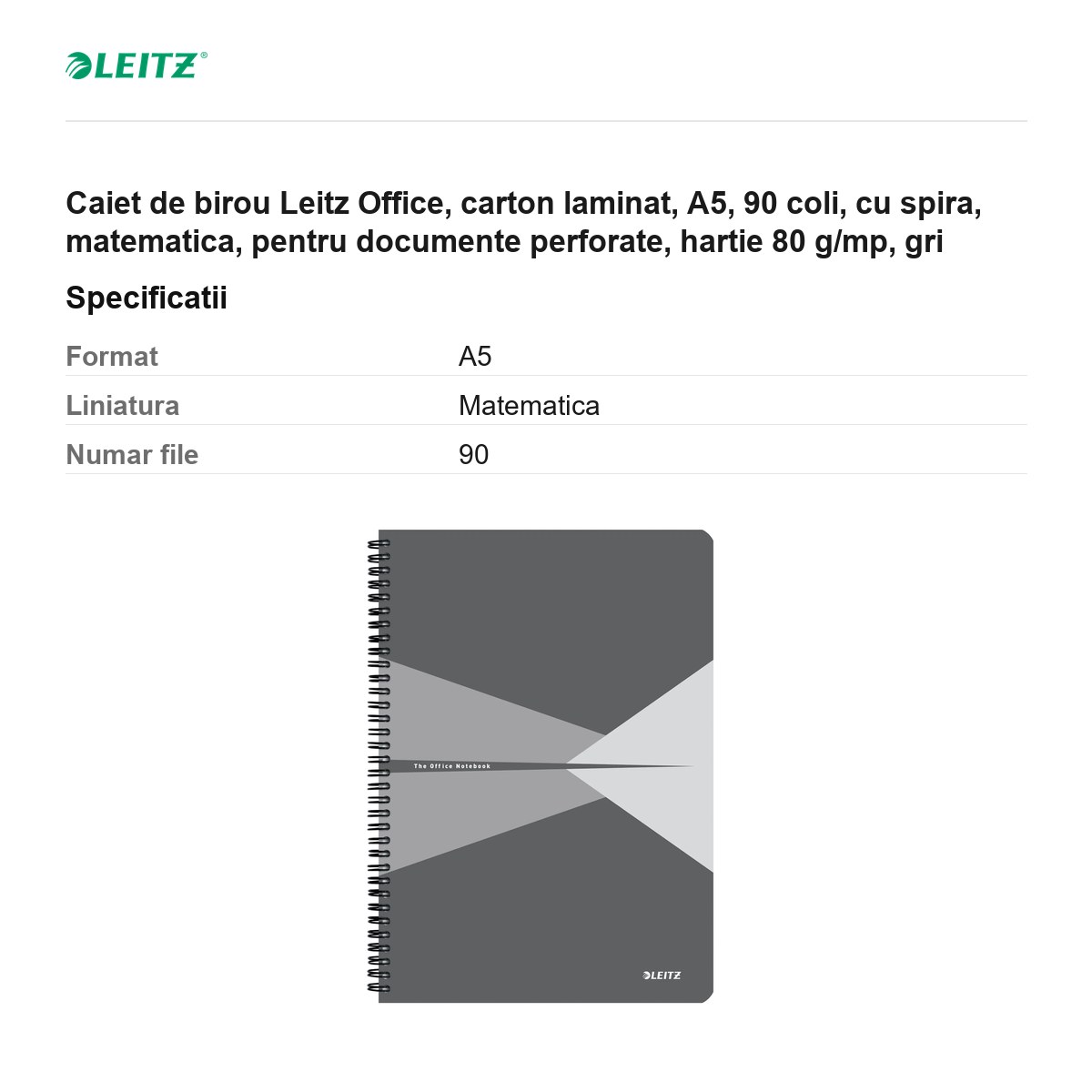 Caiet de birou Leitz Office, carton laminat, A5, 90 coli, cu spira, matematica, pentru documente perforate, hartie 80 g/mp, gri [3]